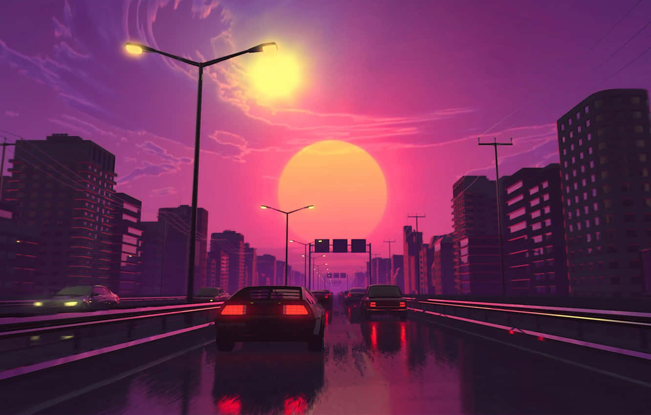 Evening 桌布 壁紙 — 夕陽下的復古未來城市景觀，在充滿活力的粉紅和紫色天空下，發光的汽車在濕滑的高速公路上行駛。