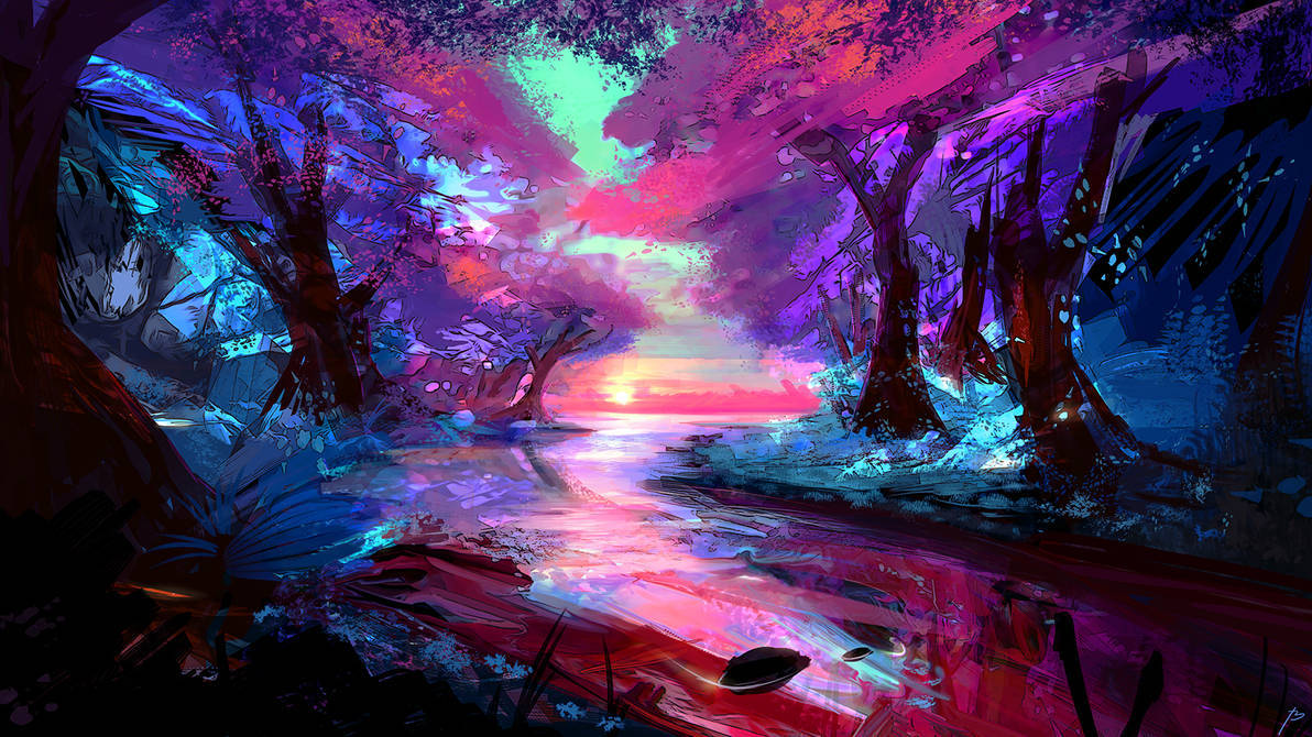 Digital 桌布 壁紙 — 夕陽下超現實的森林，發光的粉紅色和藍色樹木倒映在蜿蜒的小溪中，天空色彩斑斕。