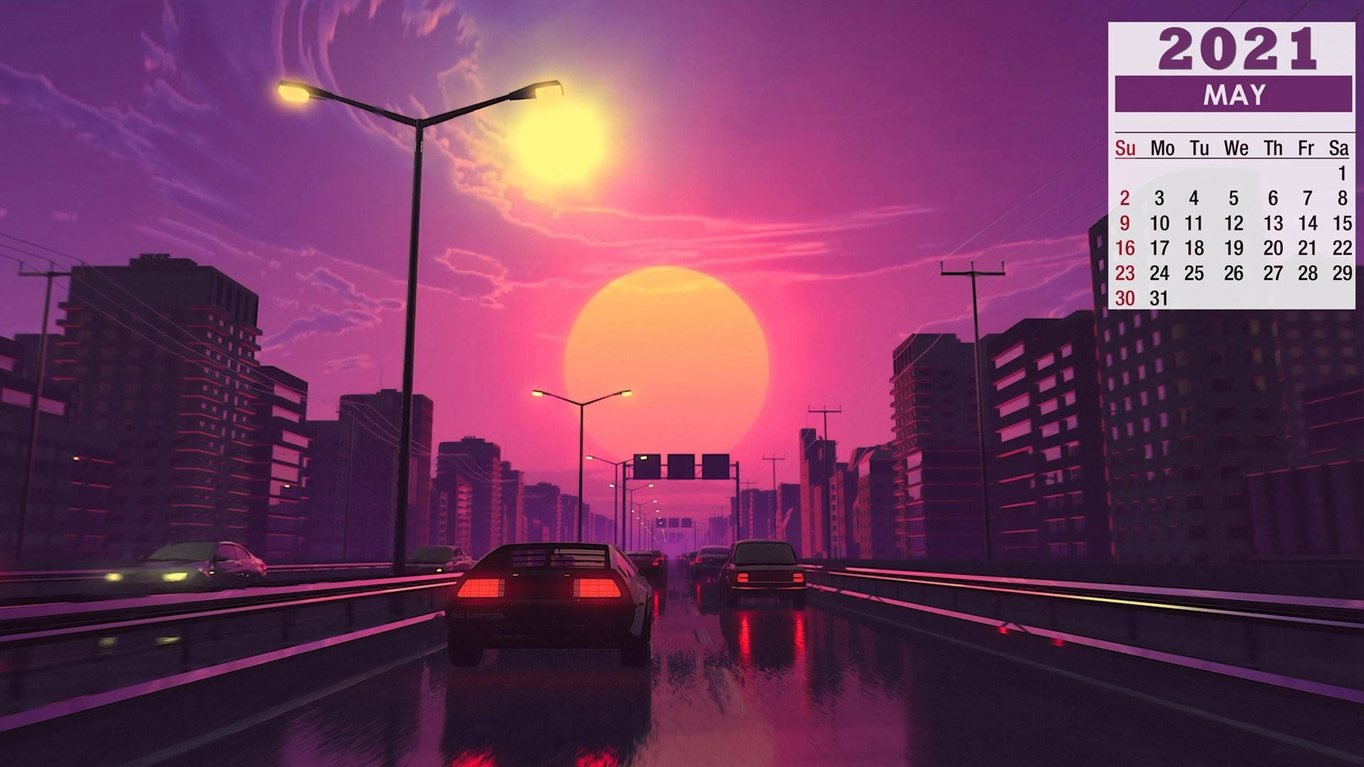 May 桌布 壁紙 — 夕陽下霓虹燈閃爍的城市景觀，汽車在潮濕的高速公路上行駛，巨大的橙色太陽和紫色天空。