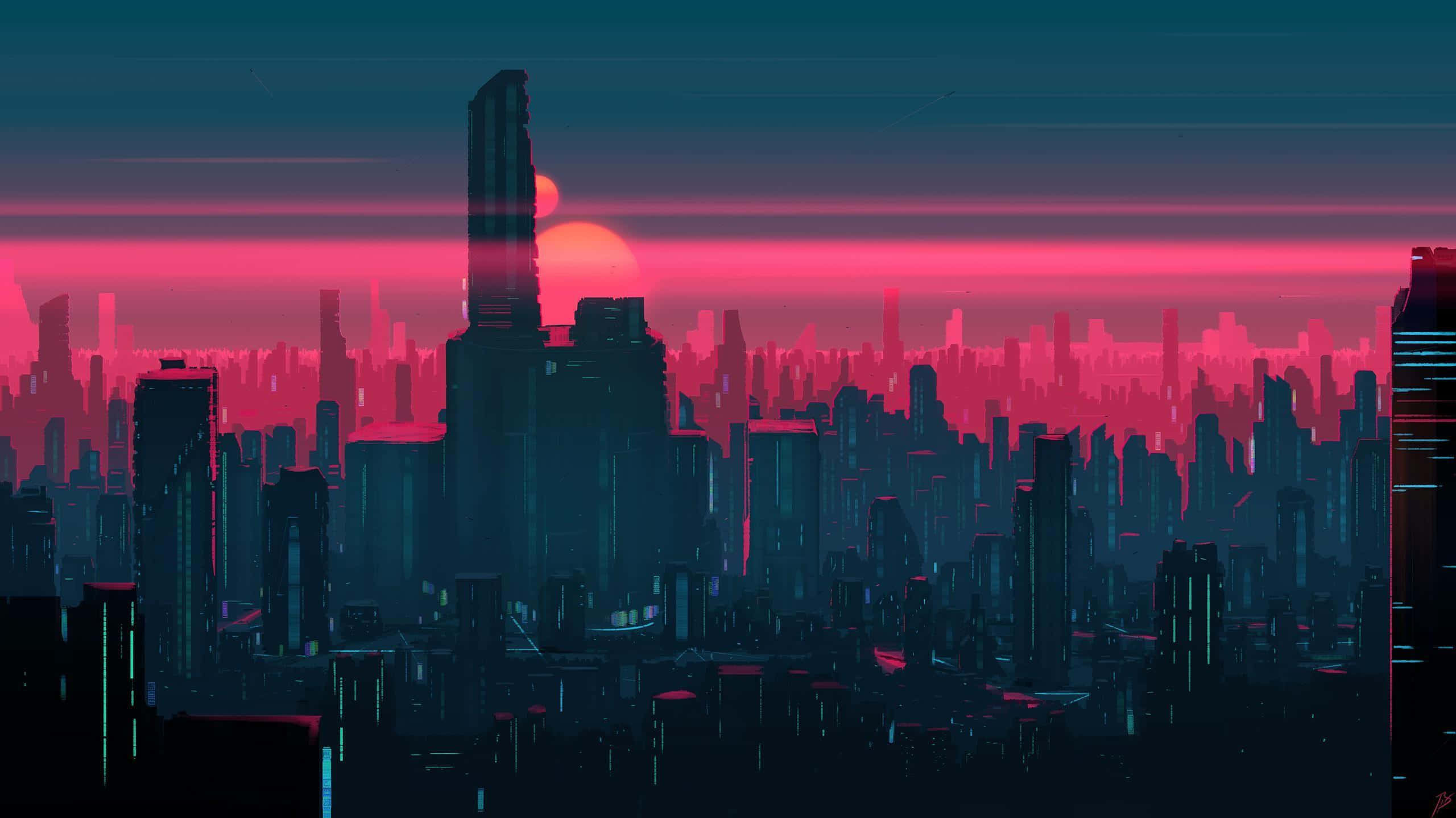 Neon City Aesthetic 桌布 壁紙 — 夕陽下霓虹燈閃爍的賽博龐克城市景觀，高聳的摩天大樓在發光的粉紅色和藍綠色天空襯托下形成剪影。