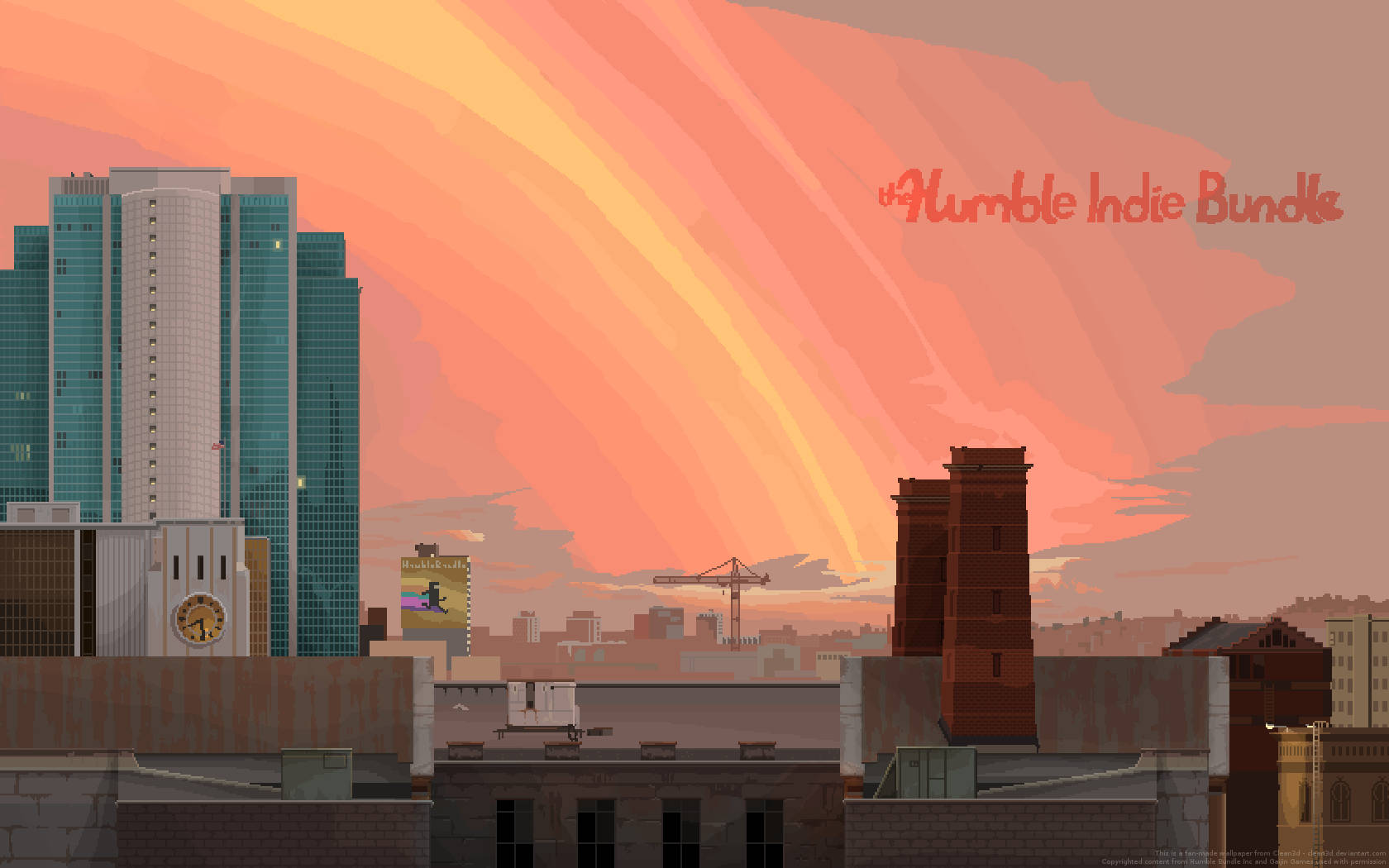 城市 桌布 壁紙 — 夕陽下風格化的城市景觀，高聳的玻璃塔和磚砌建築，天空呈現鮮豔的橙色和粉紅色。
