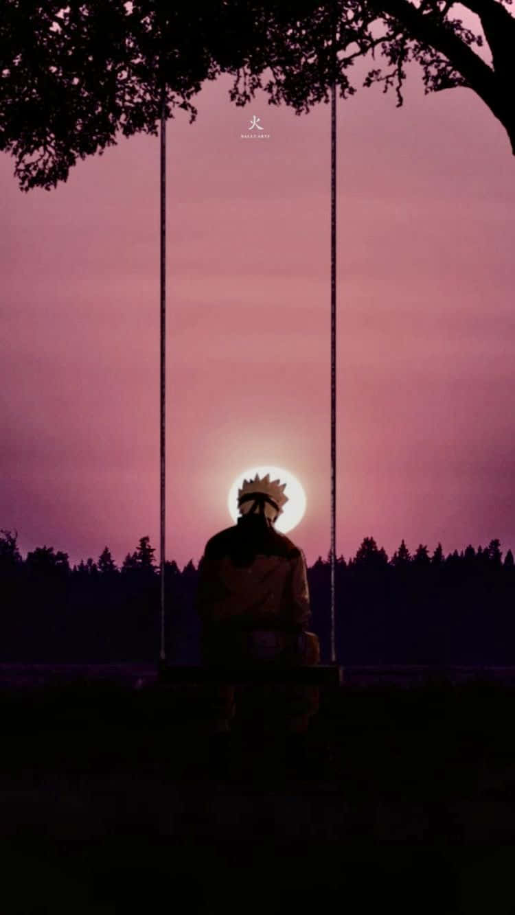 動漫 桌布 壁紙 — 夕陽下鳴人坐在鞦韆上的剪影，背後發光的太陽被樹枝框住。