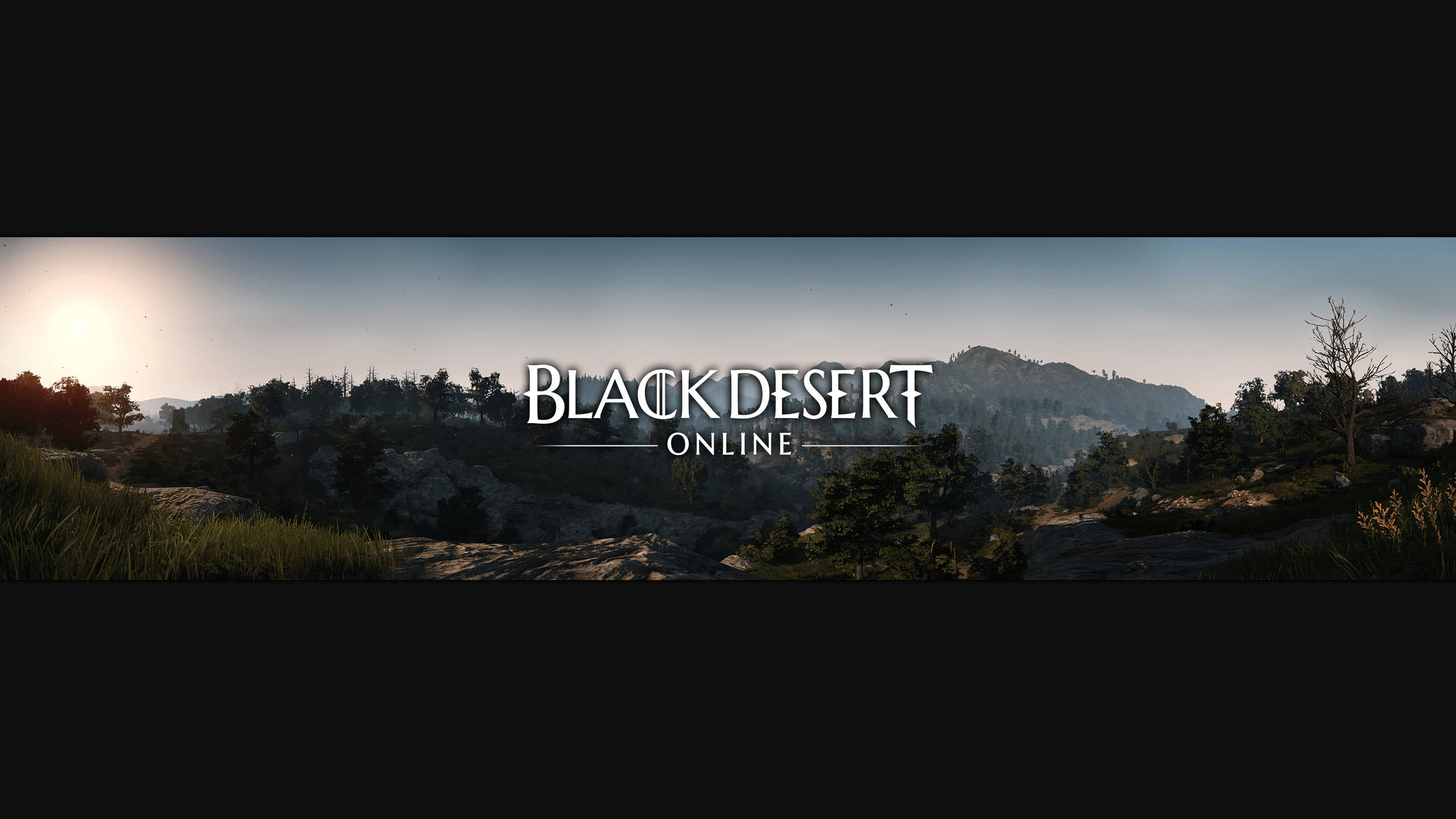 online 桌布 壁紙 — 夕陽以溫暖的光芒沐浴崎嶇的山地景觀，遊戲標題 Black Desert Online 居中出現。