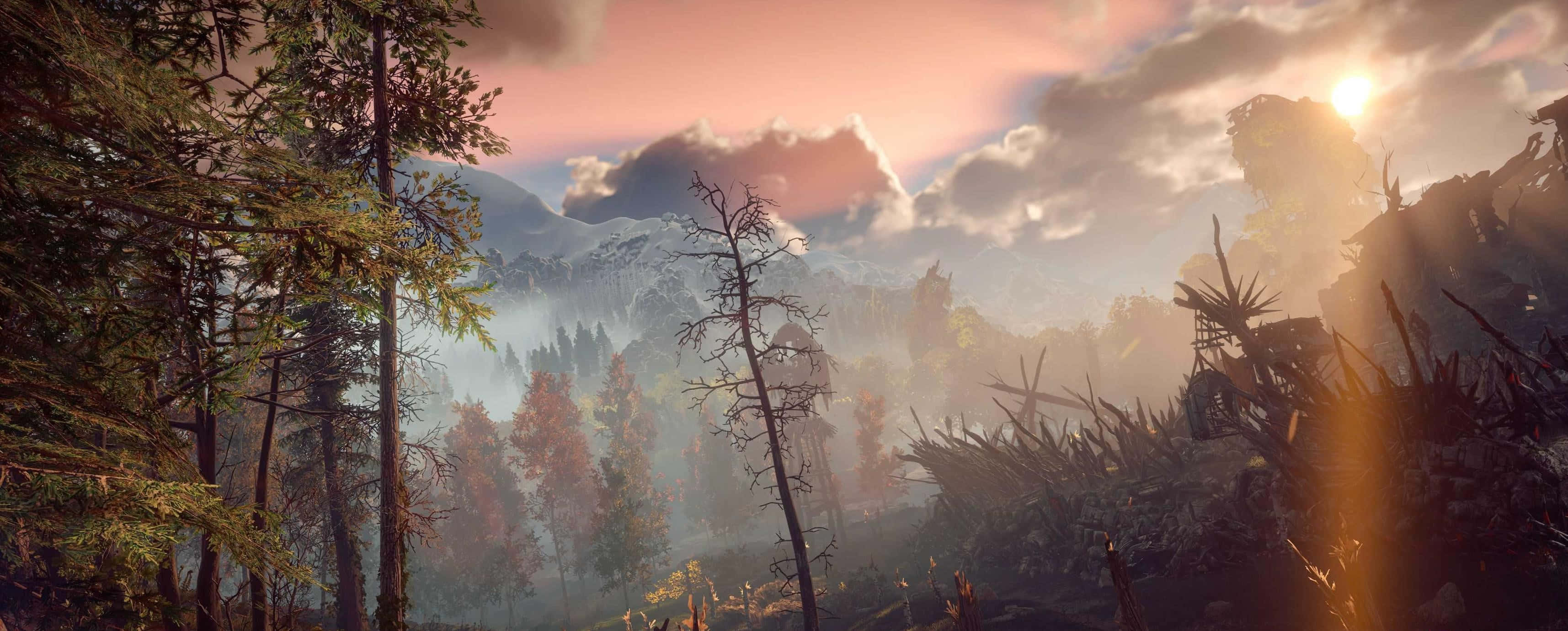 3440x1440p Far Cry New Dawn 桌布 壁紙 — 夕陽以溫暖的光芒沐浴著霧氣瀰漫的山林，顯現出光禿的樹木和遠方的山峰。