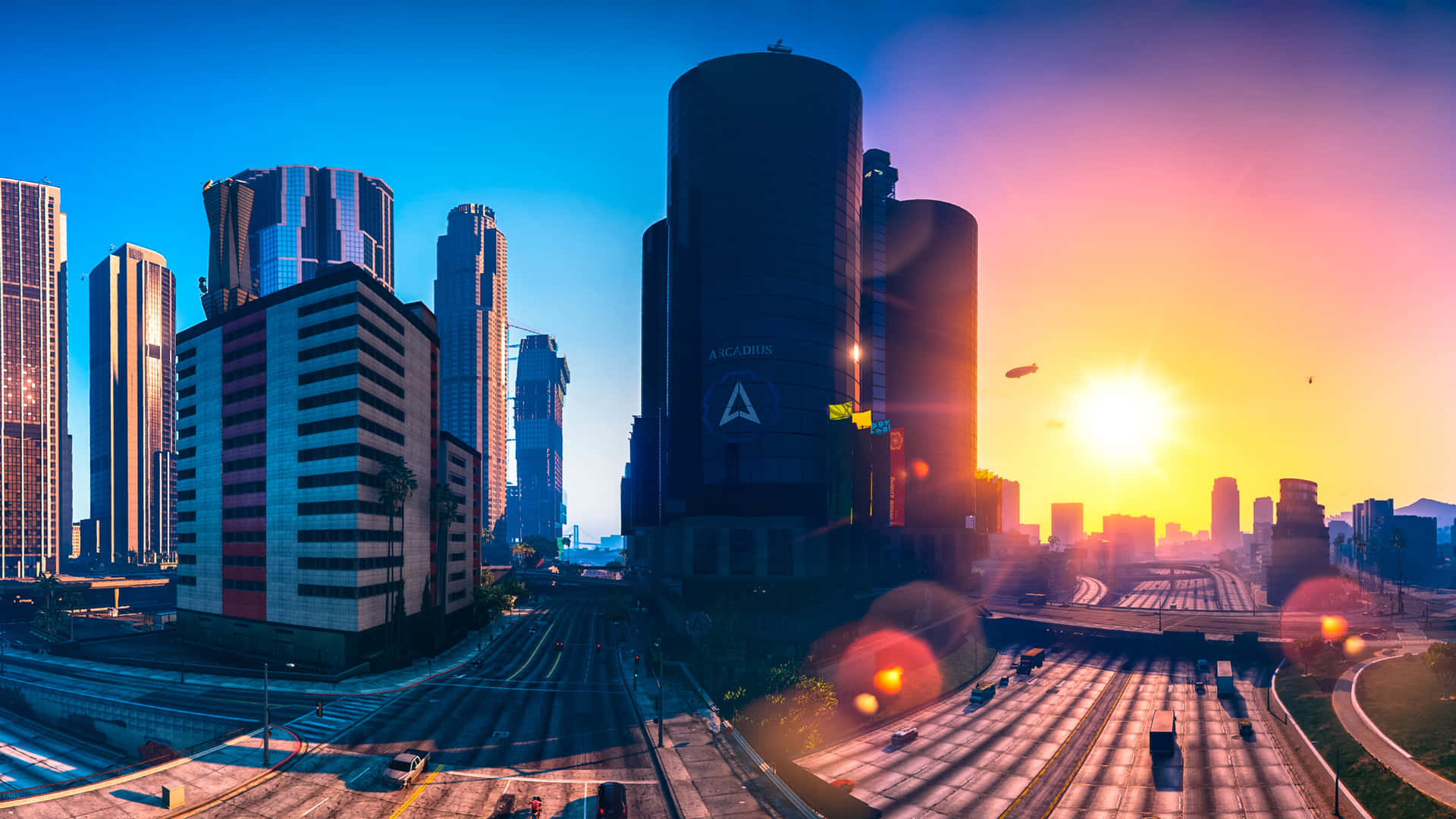 GTA 5 動圖 桌布 壁紙 — 夕陽以溫暖色調沐浴著未來主義的城市景觀，高聳的摩天大樓和發光的高速公路延伸至地平線。