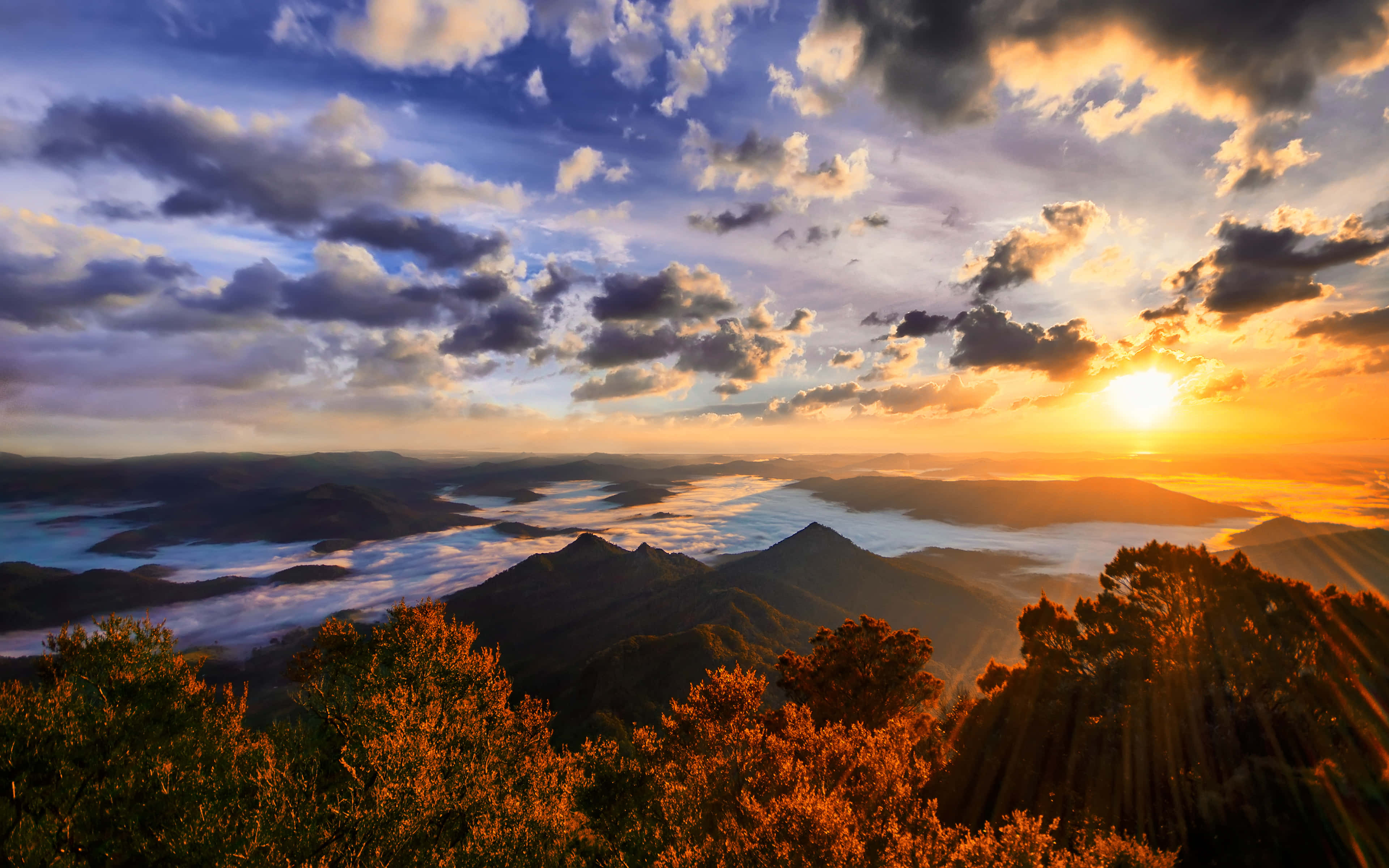 Beautiful View 桌布 壁紙 — 夕陽以金色光芒沐浴山峰，雲朵在下方霧海上空發光。