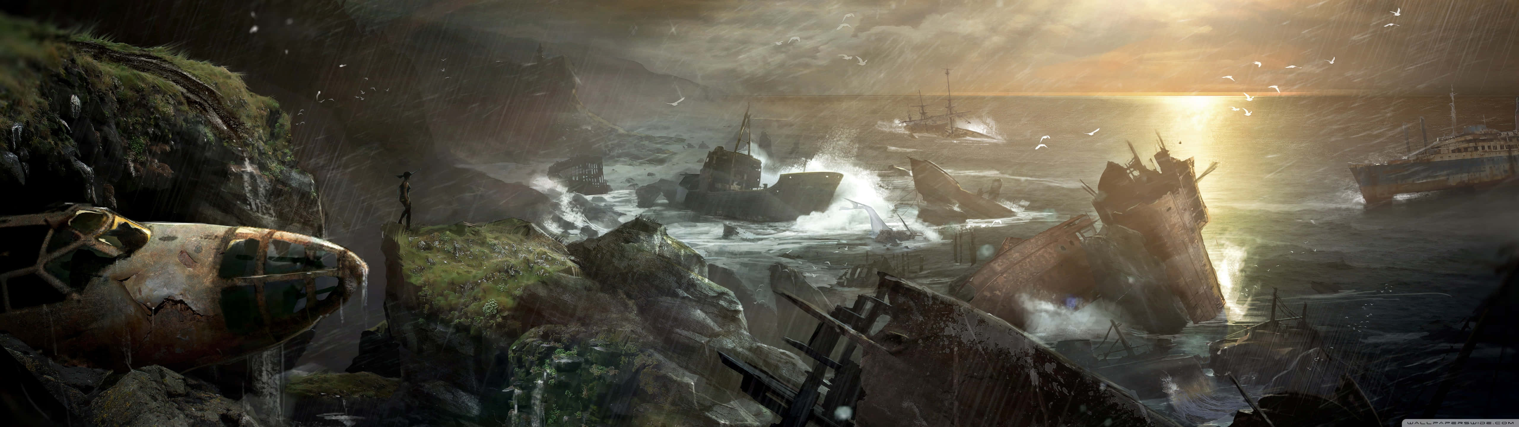 5120x1440 Dual Screen 桌布 壁紙 — 夕陽光線穿透暴風雲，照亮沉船和懸崖，呈現戲劇性的海岸場景。
