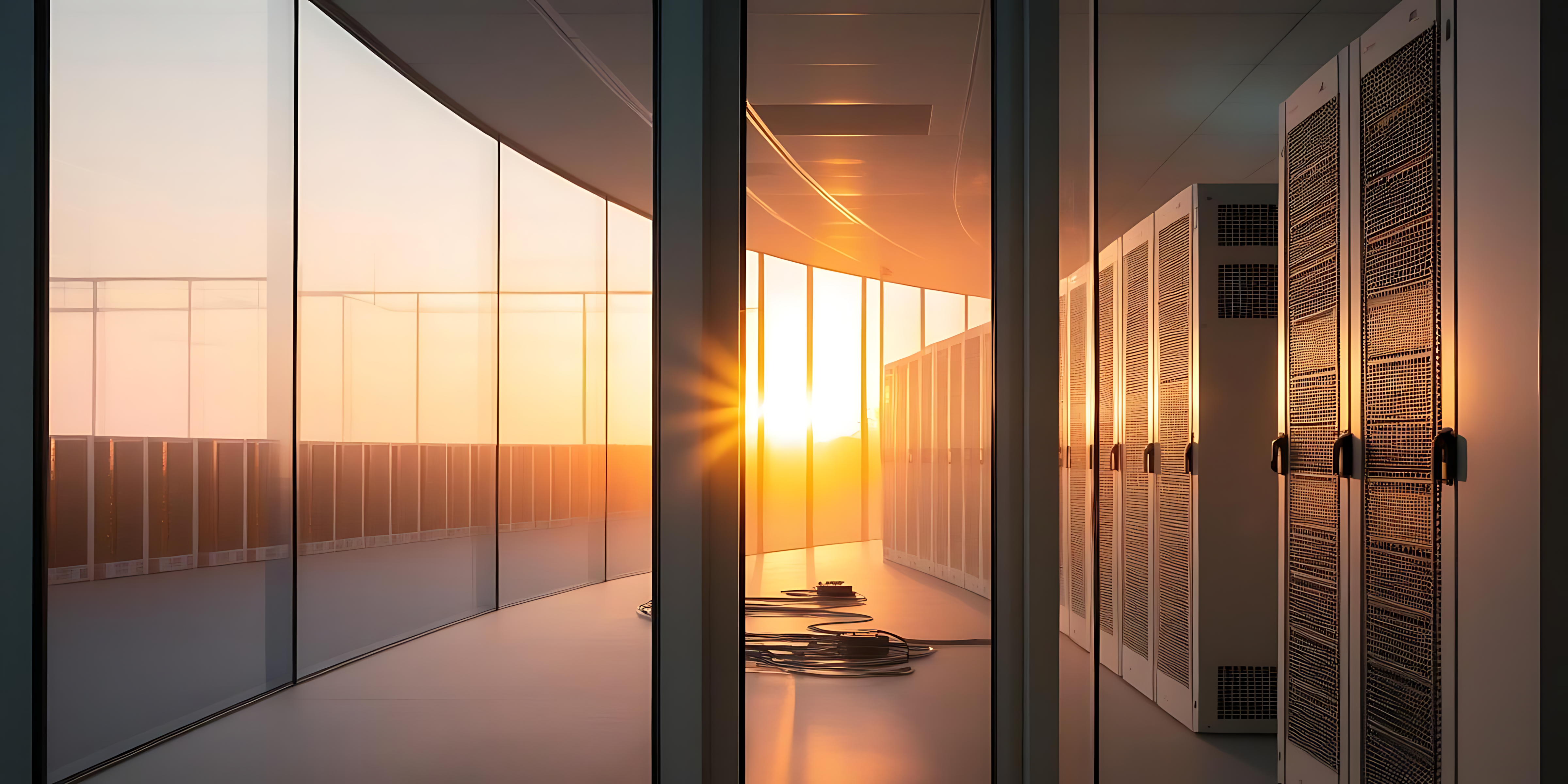 hallway 桌布 壁紙 — 夕陽光線透過彎曲玻璃牆淹沒現代伺服器房，在伺服器機架和電纜行上投射溫暖光芒。