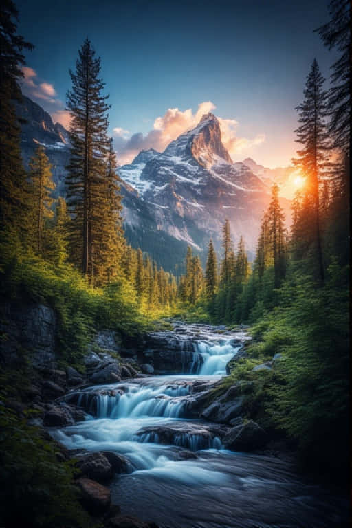Majestic Nature 4K Waterfall in a Serene Forest & Sunset Mountains 壁紙 — 夕陽在白雪覆蓋的山峰後落下，一條寧靜的山間溪流穿過茂密的松林，流過岩石。