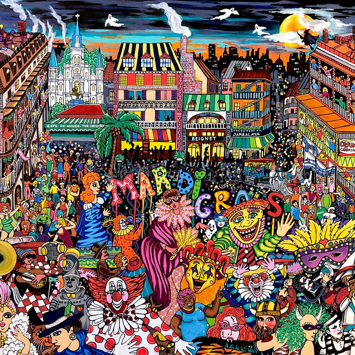 Mardi Gras 桌布 壁紙 — 夕陽天空下，色彩繽紛的服裝、面具和建築物，描繪熱鬧的Mardi Gras街頭節日生動卡通插圖。