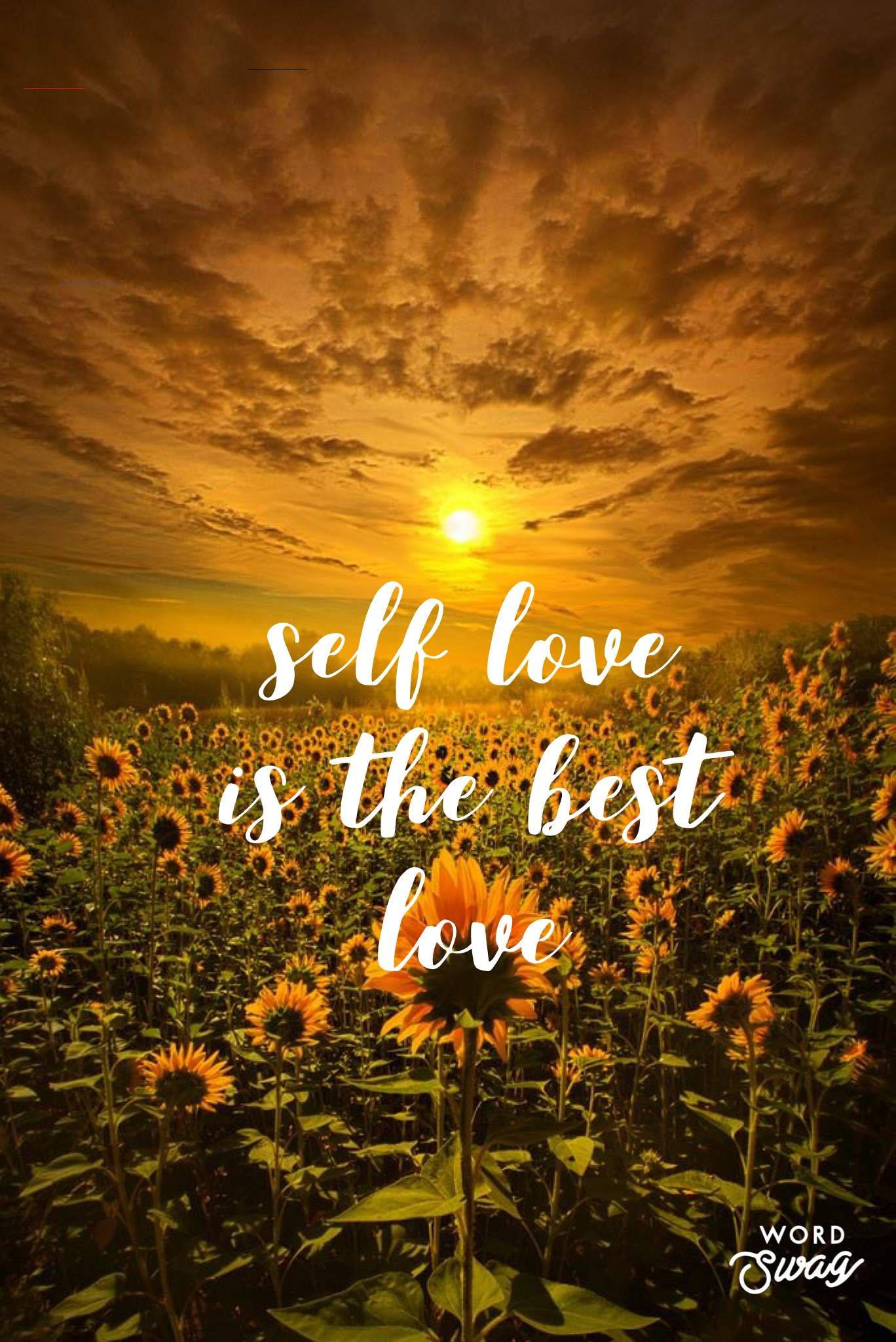 愛情語錄 桌布 壁紙 — 夕陽將向日葵田沐浴在金色光芒中，並疊加了self love is the best love的字句。