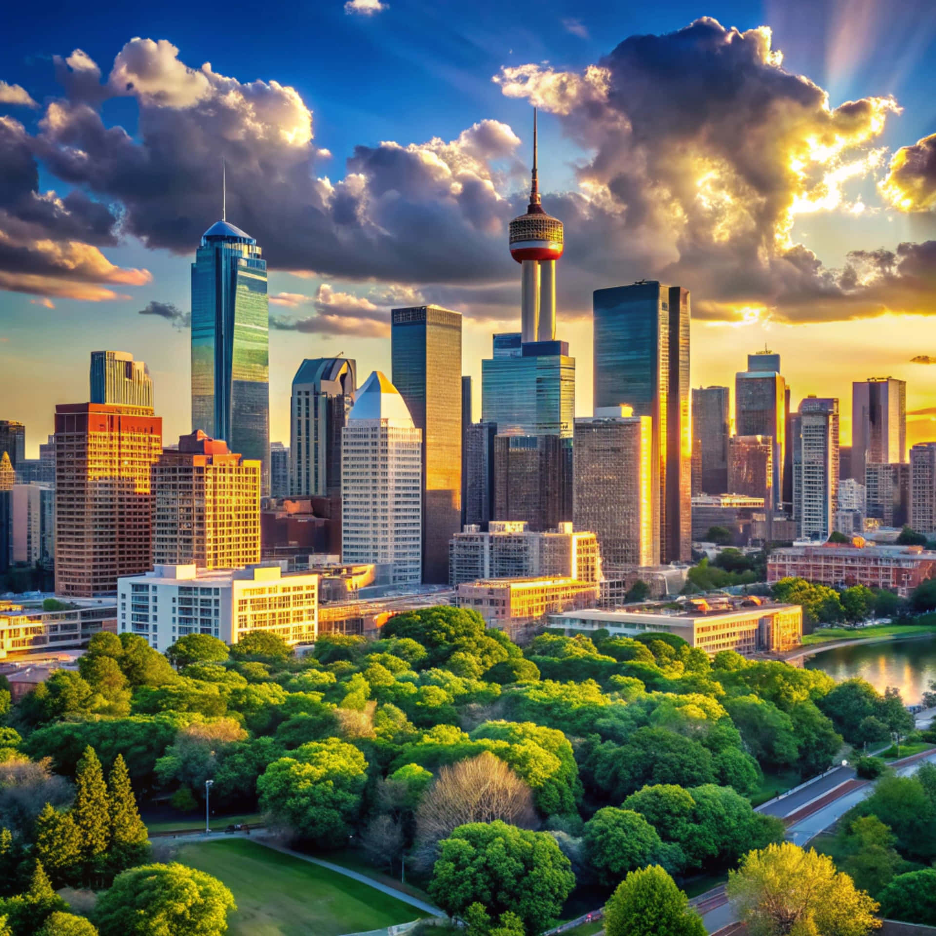 City skyline 壁紙 — 夕陽將多倫多的天際線沐浴在金色光芒中，雲層在CN塔和現代摩天大樓上方分開，俯瞰著鬱鬱蔥蔥的綠色公園。