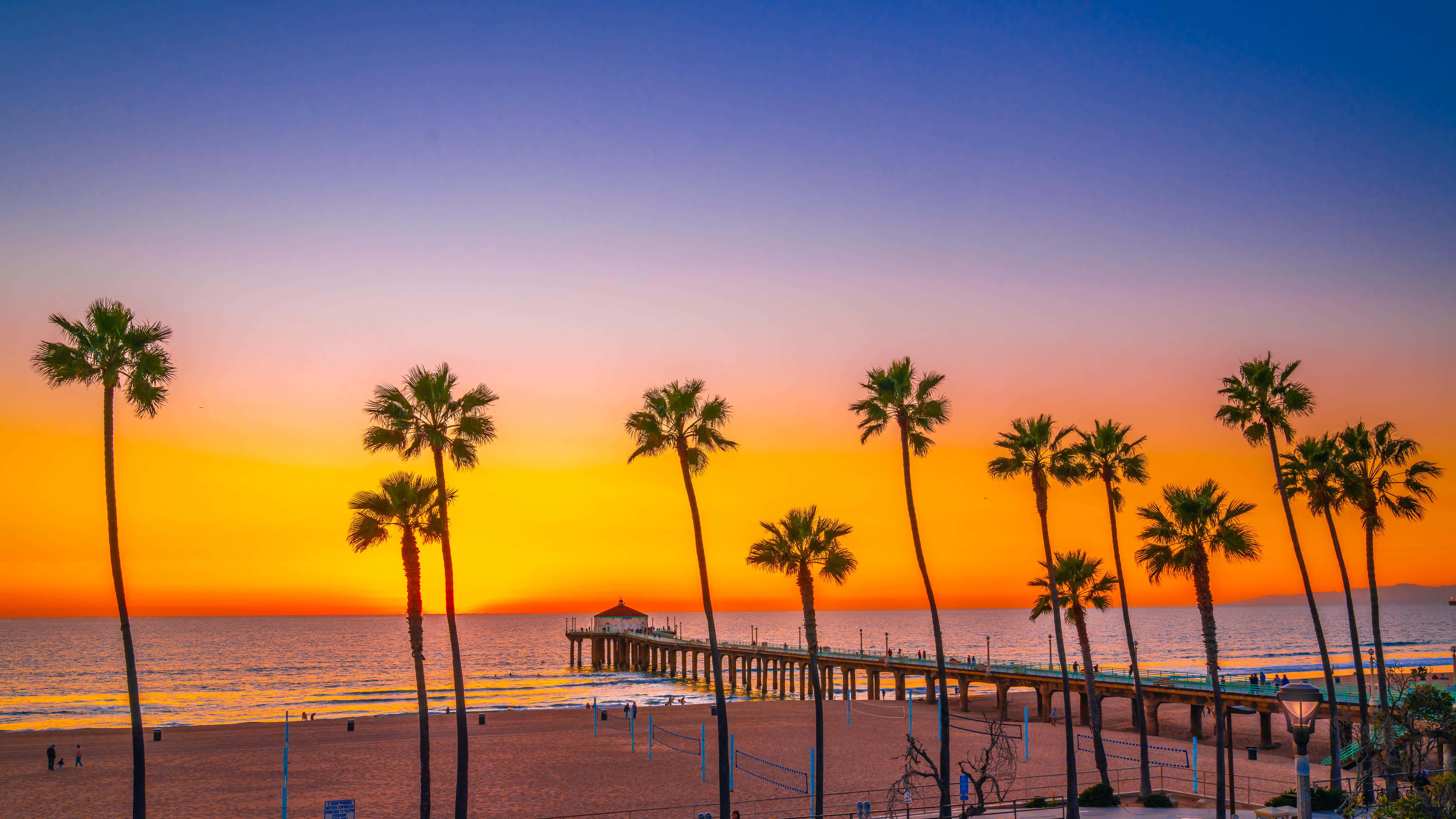 Southern California 桌布 壁紙 — 夕陽將天空染成橙色和紫色，棕櫚樹在伸入平靜海水的碼頭襯托下形成剪影。