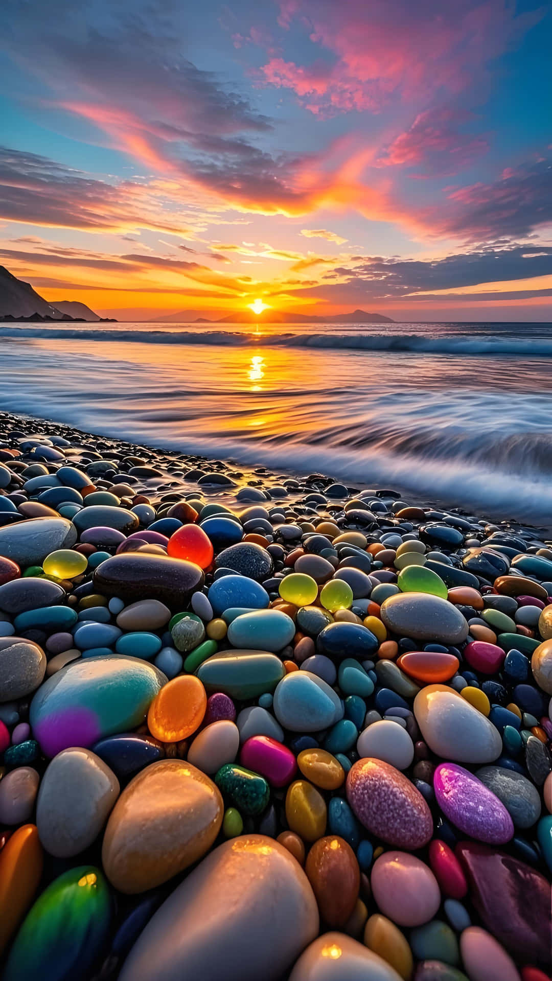 Colorful Pebble Beach Sunset Wallpaper 壁紙 — 夕陽將天空染成火熱的橙色和粉紅色，海浪輕輕拍打著散落著閃亮彩色鵝卵石的海岸。