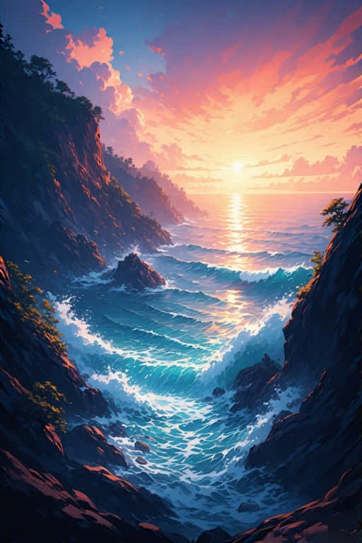 Stunning Sea Anime Realism Precisionist Art 壁紙 — 夕陽將天空染成火熱的橙色和粉紅色，海浪在陡峭的岩石懸崖之間撞擊，落入碧綠色的海洋。