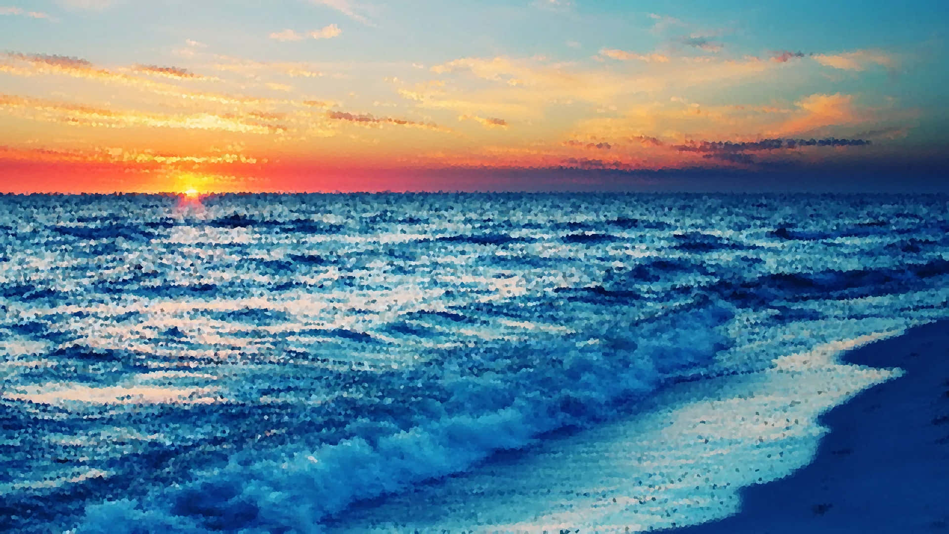 Pixel Beach 桌布 壁紙 — 夕陽將天空染成火熱的橙色和粉紅色，海浪在廣闊的海洋下拍打著沙灘。