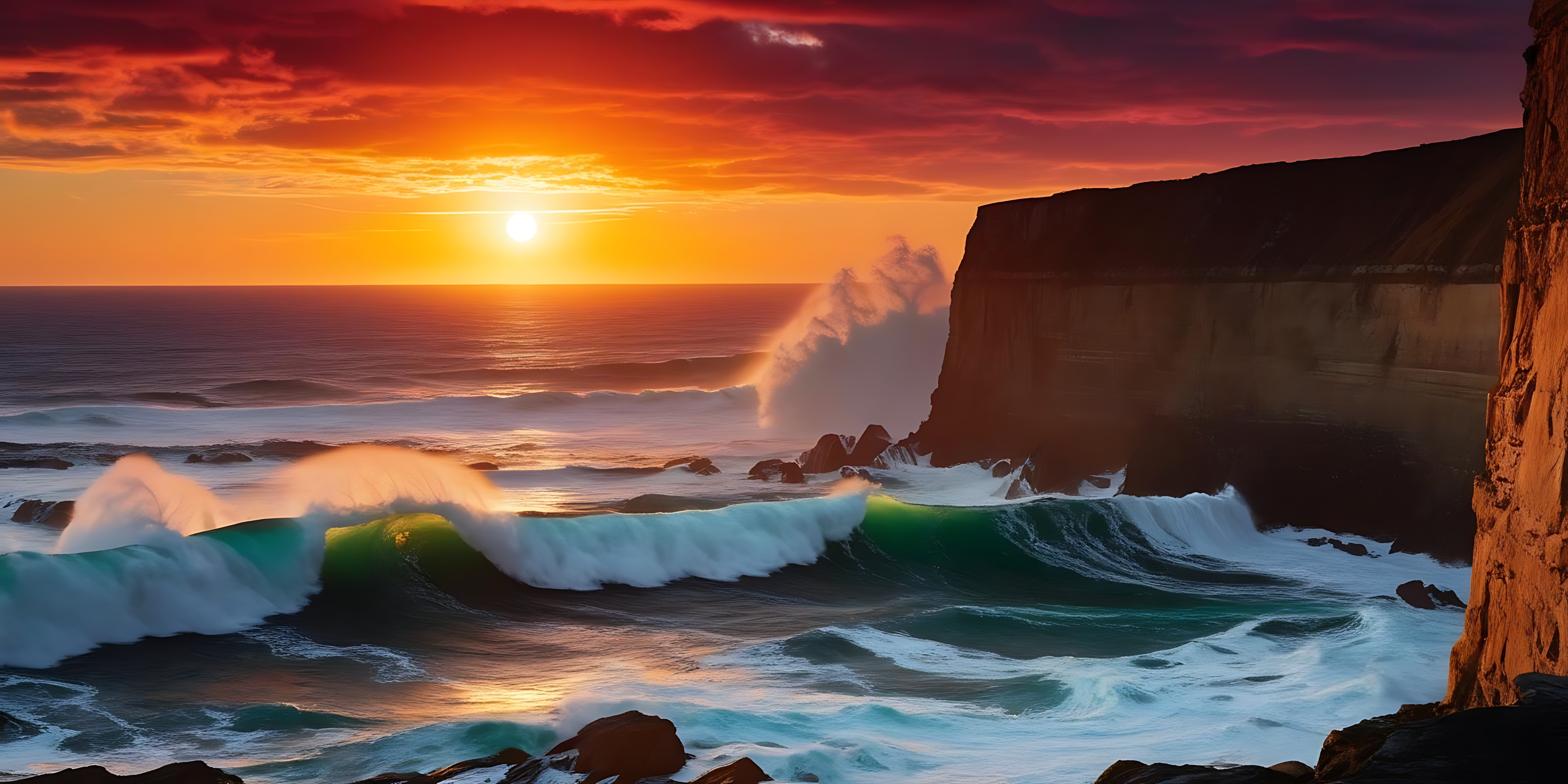 waves 桌布 壁紙 — 夕陽將天空染成火熱的橙色和紅色，洶湧的海浪衝擊著崎嶇的懸崖。