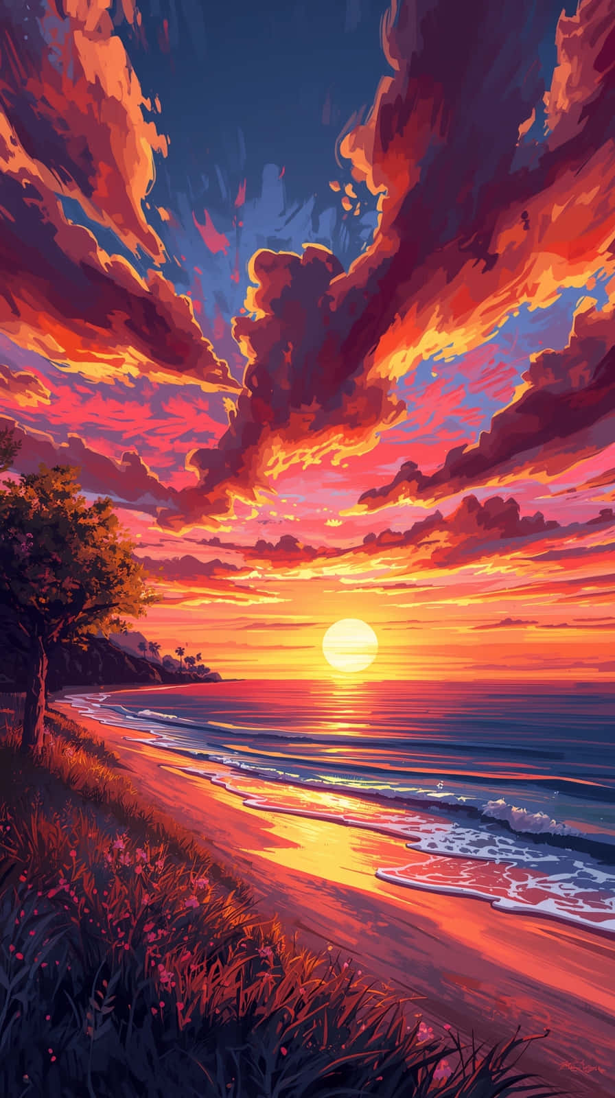 Vibrant Anime Beach Sunset with Pink Clouds Wallpaper 壁紙 — 夕陽將天空染成火熱的橙色和紫色，海浪拍打著沙灘，旁邊有一棵孤獨的樹。