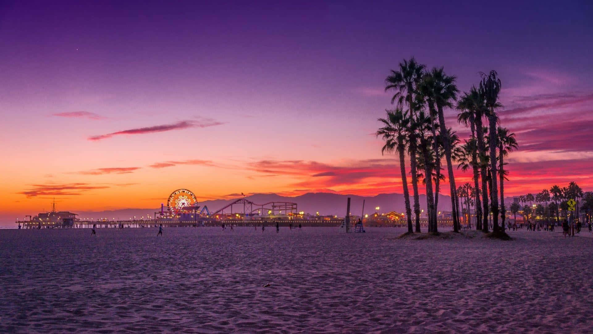 California Aesthetic 桌布 壁紙 — 夕陽將天空染成紫色、橙色和粉紅色，照耀著沙灘上的棕櫚樹和亮燈的碼頭（附摩天輪）。