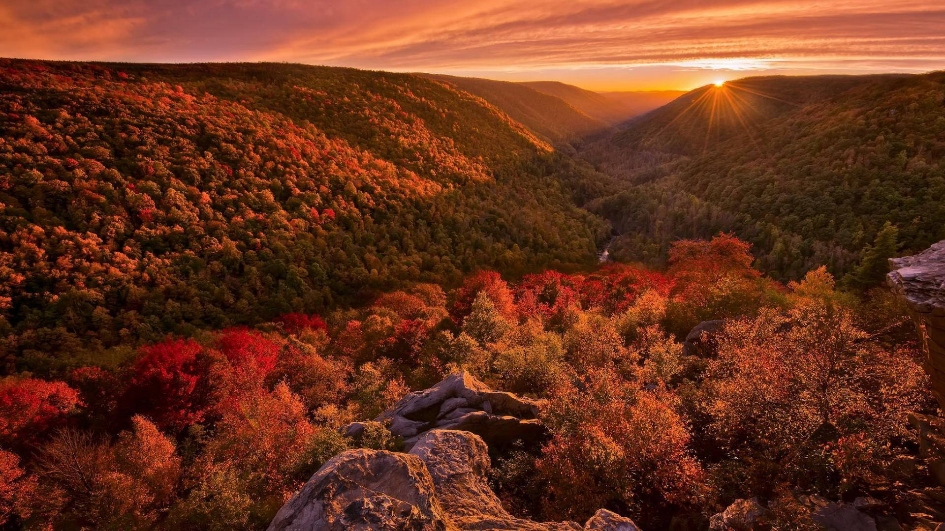 Virginia 桌布 壁紙 — 夕陽將山谷沐浴在火熱的橙色中，秋天的樹木在起伏的山丘襯托下閃耀著紅色和金色。