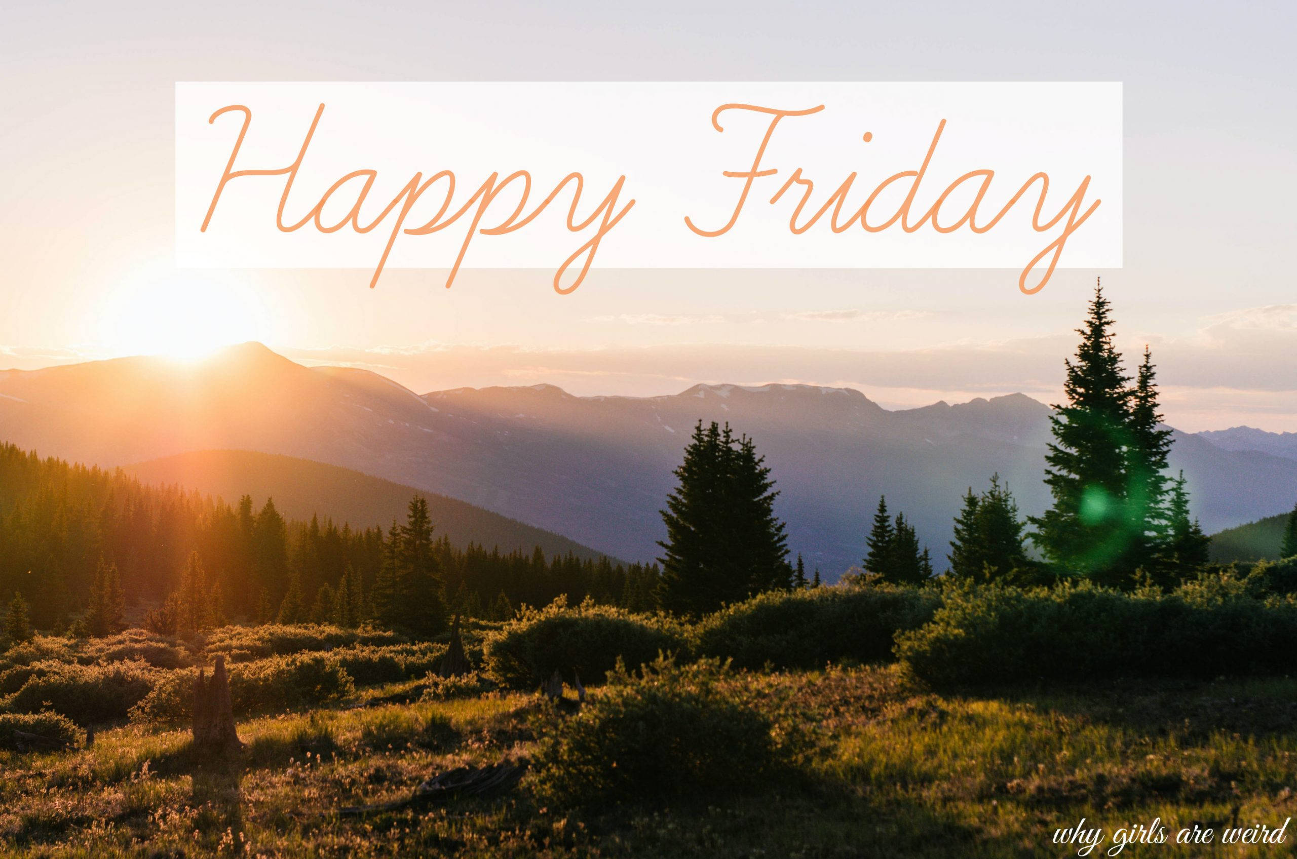 Friday 桌布 壁紙 — 夕陽將山頂和松樹沐浴在金色光芒中，並帶有 'Happy Friday' 文字疊加。