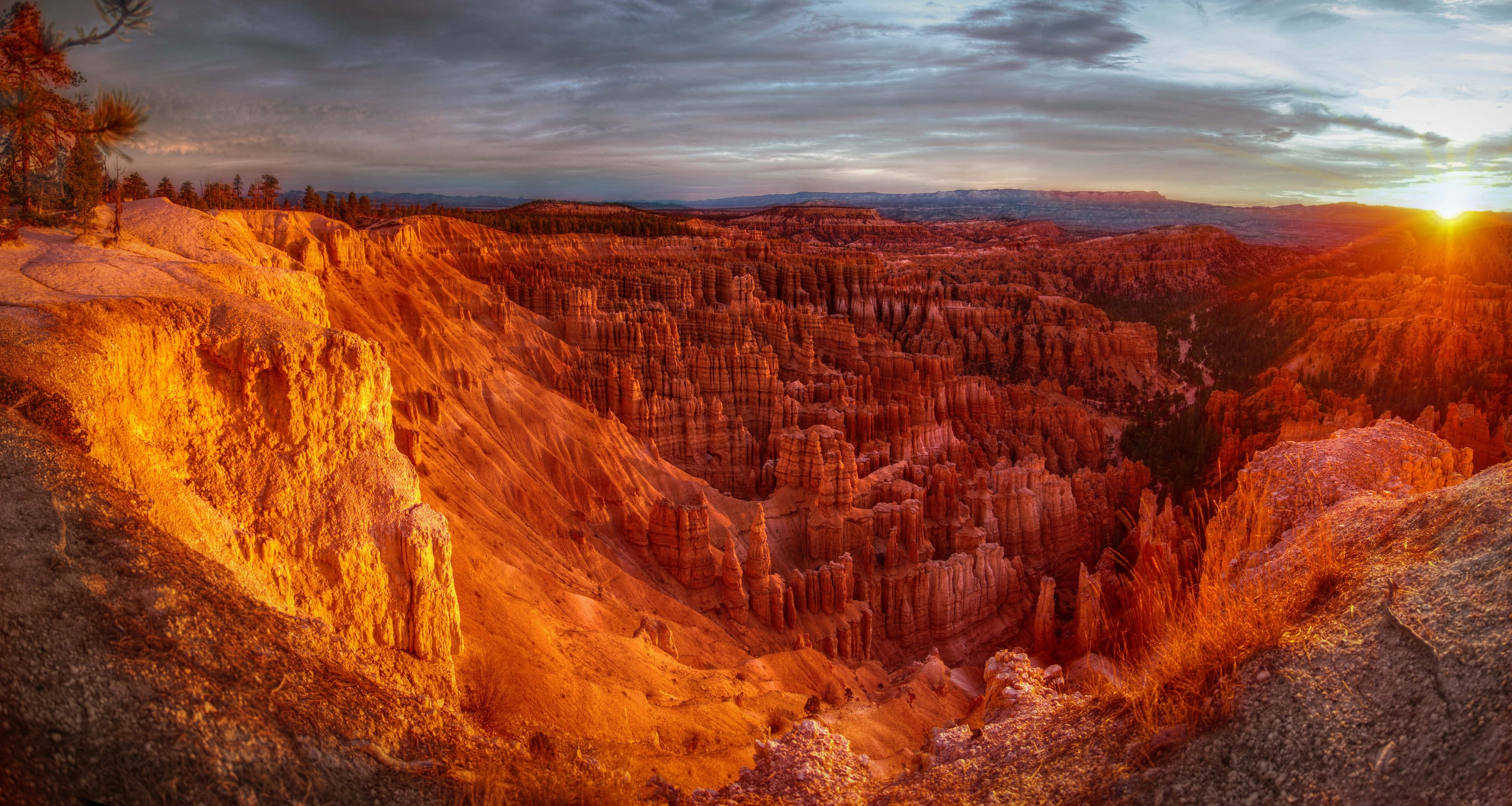 Utah 桌布 壁紙 — 夕陽將布萊斯峽谷的岩柱染成火熱的橙色，雲彩劃過暮色天空。