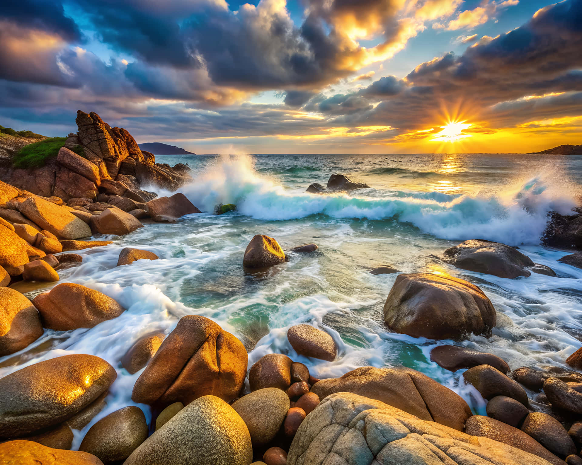 Rocks and seascape 壁紙 — 夕陽將戲劇性的雲彩染成金色，海浪拍打著崎嶇海岸線上堅固的棕色岩石。