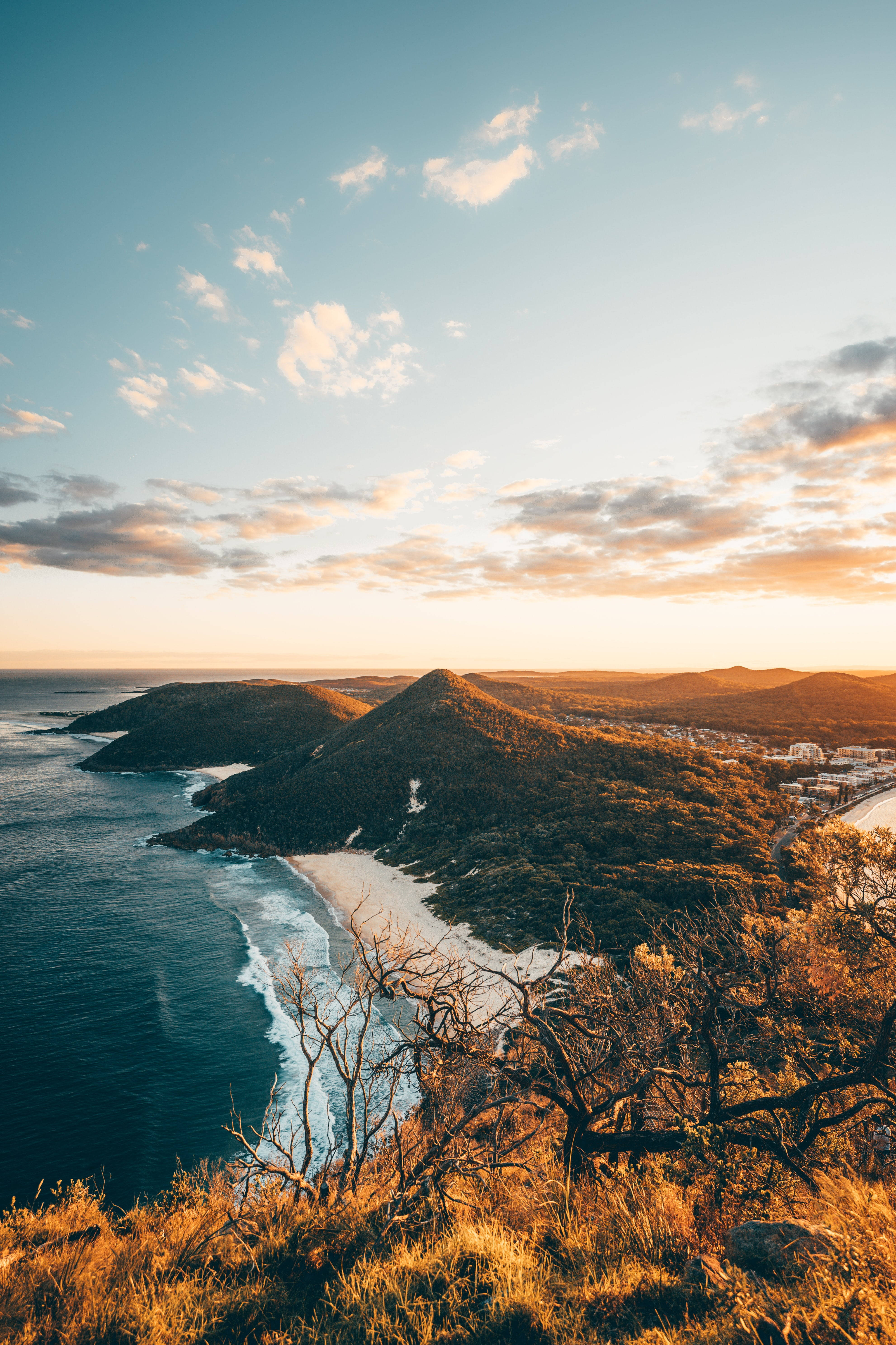 View 桌布 壁紙 — 夕陽將海岸景觀沐浴在金色光芒中，海浪拍打著位於森林覆蓋的山丘之間的沙灘。