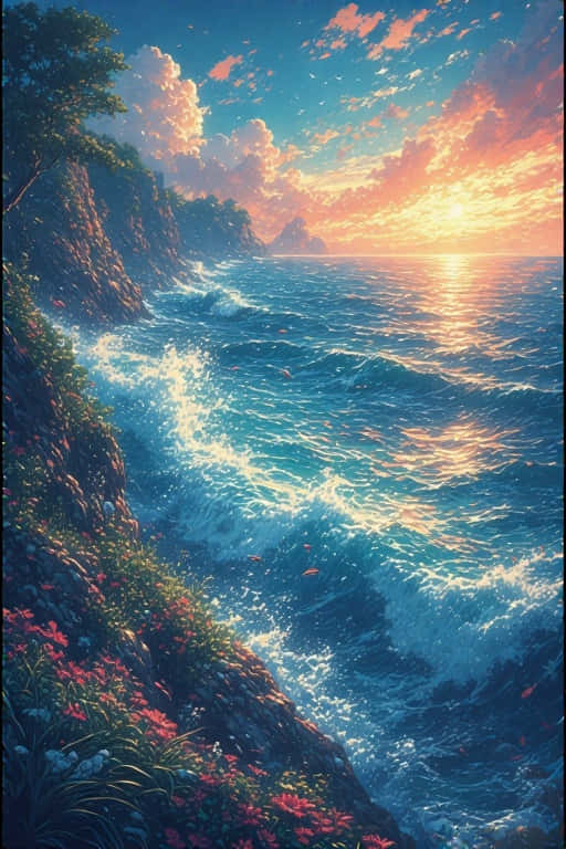 Stunning Sea Anime Realism Precisionist Art 壁紙 — 夕陽將海洋染成火熱的橙色和金色，海浪拍打著點綴著粉紅色花朵和綠色植物的懸崖。