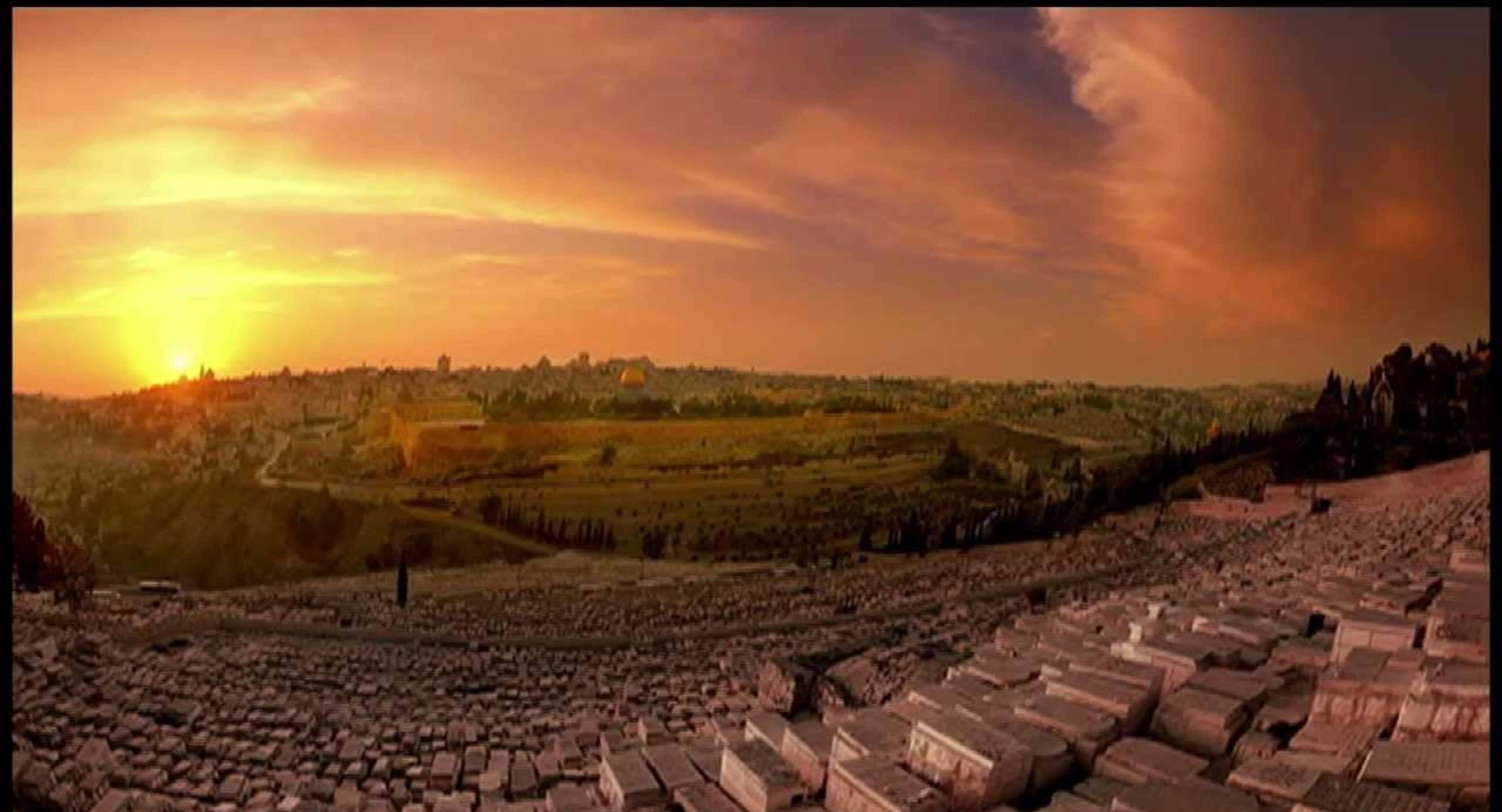 Israel 桌布 壁紙 — 夕陽將溫暖的金色光芒灑在廣闊山坡墓園中的古老石墓上。