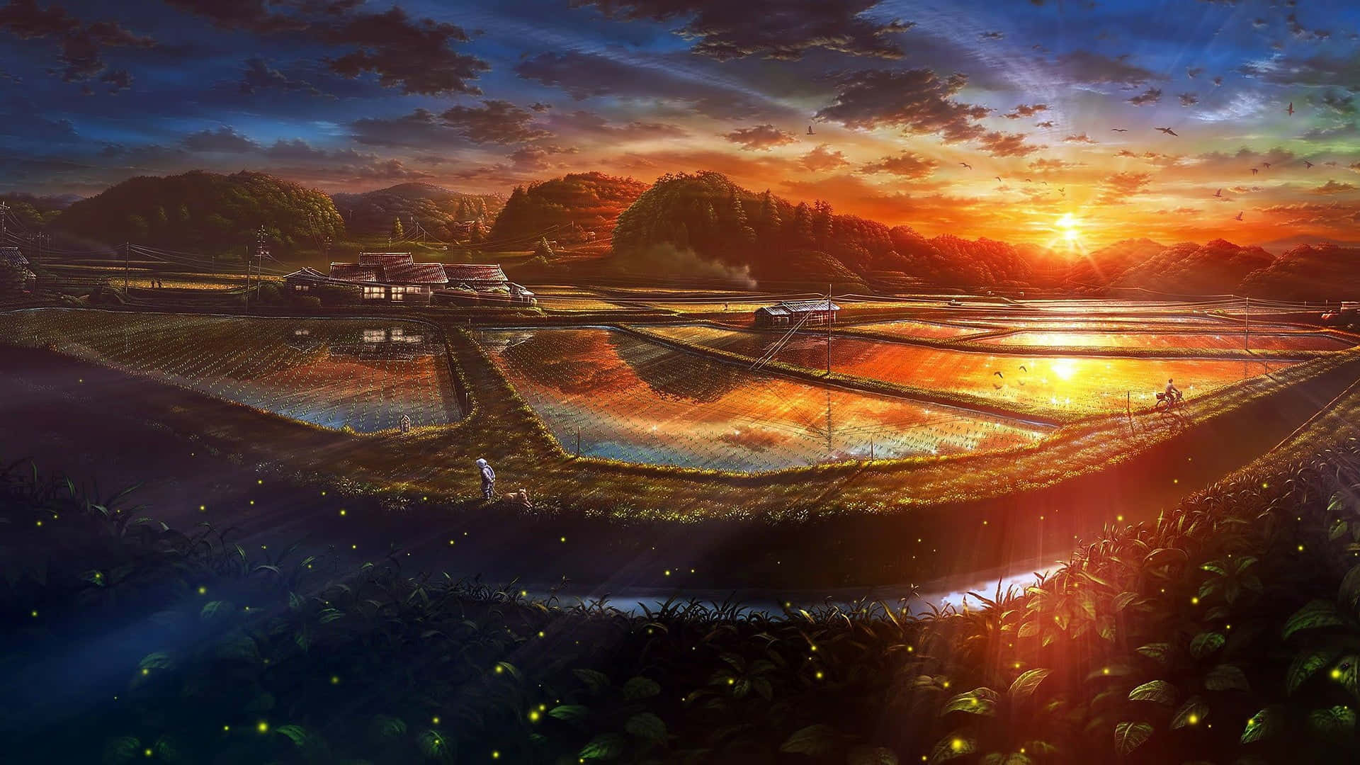 Anime Sky 桌布 壁紙 — 夕陽將稻田沐浴在金色光芒中，螢火蟲在起伏山丘間的寧靜村莊上空閃爍。