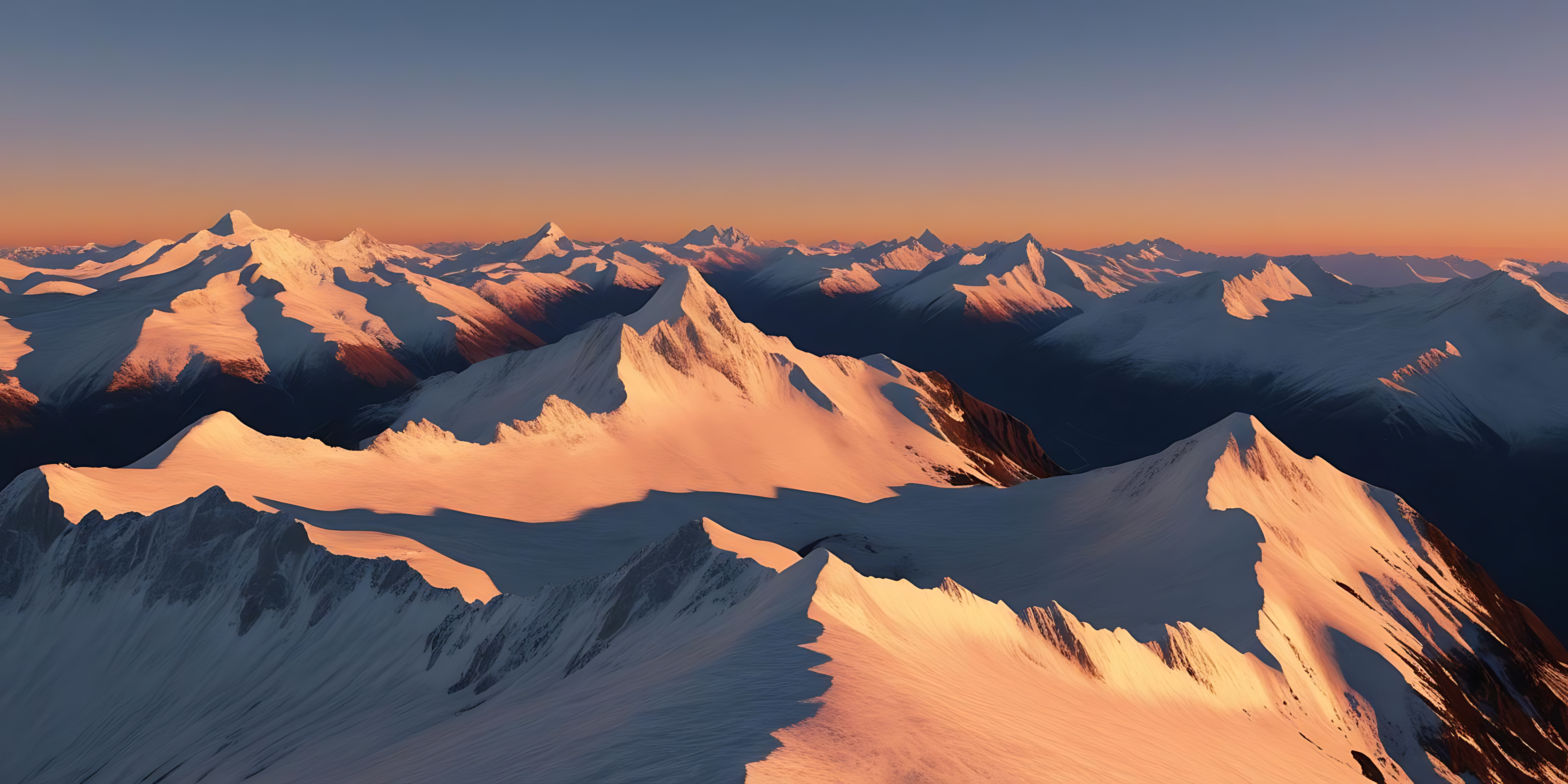 山景 桌布 壁紙 — 夕陽將積雪的山峰沐浴在溫暖的橙色光芒中，映襯著漸變的天空。