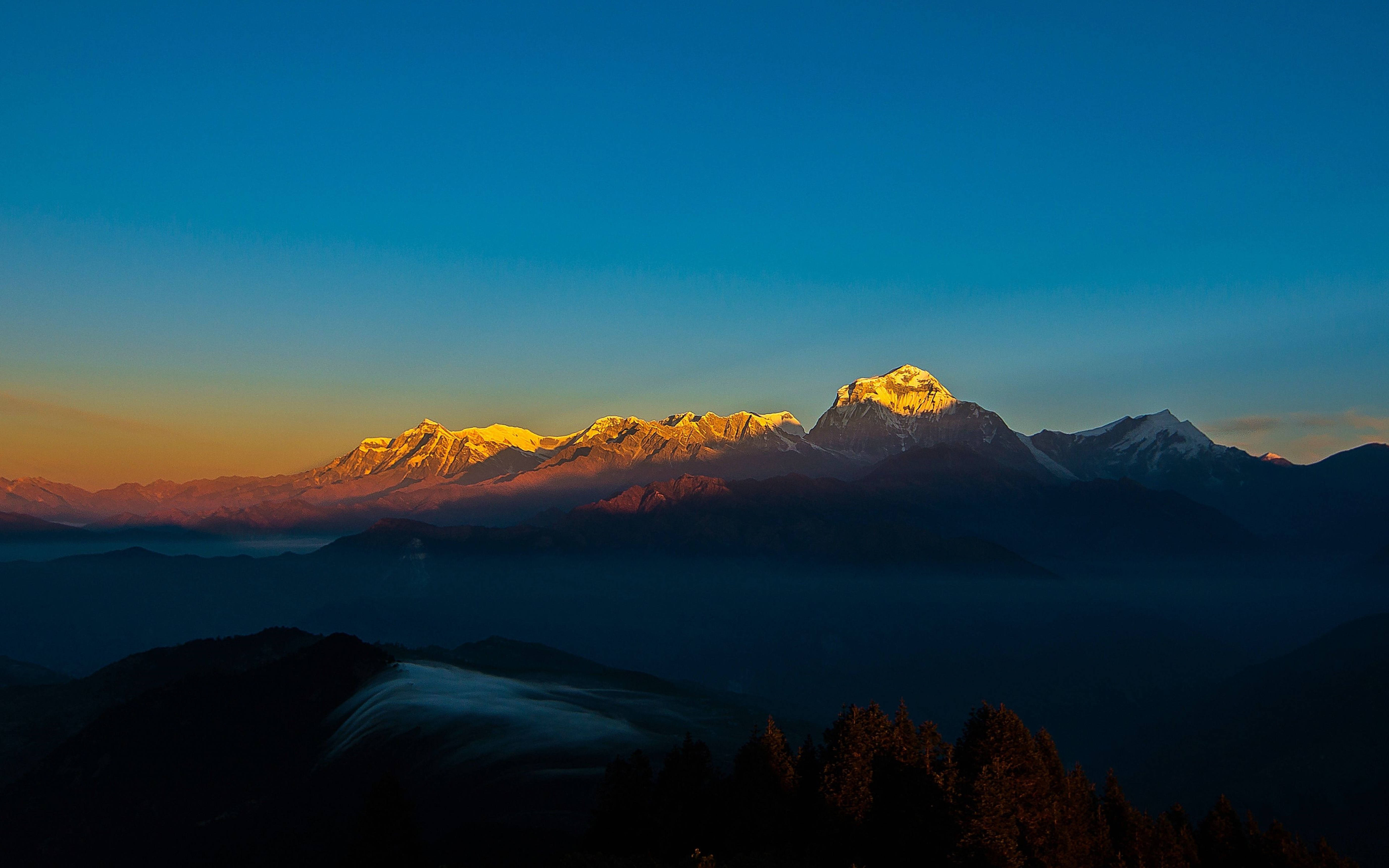 山景 桌布 壁紙 — 夕陽將積雪的山峰沐浴在金色光芒中，映襯著深藍色的天空和下方霧氣瀰漫的山谷。