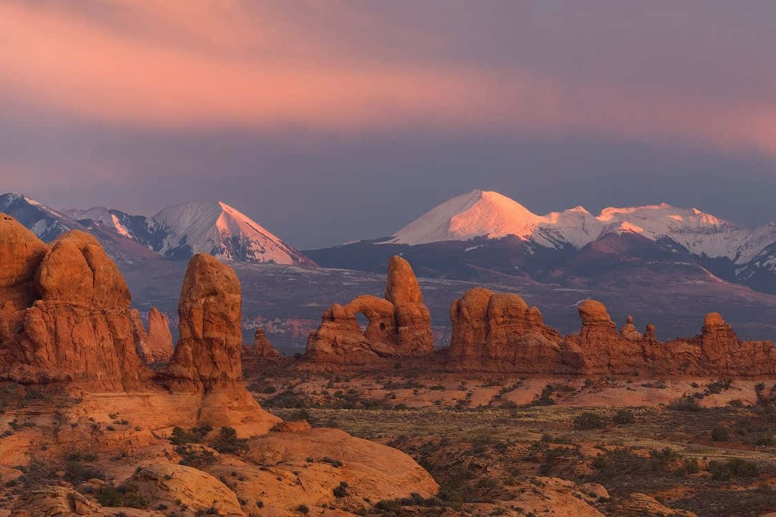 Utah 桌布 壁紙 — 夕陽將紅色岩石拱門沐浴在溫暖的光芒中，遠處白雪覆蓋的山脈在粉紅色的雲朵下升起。
