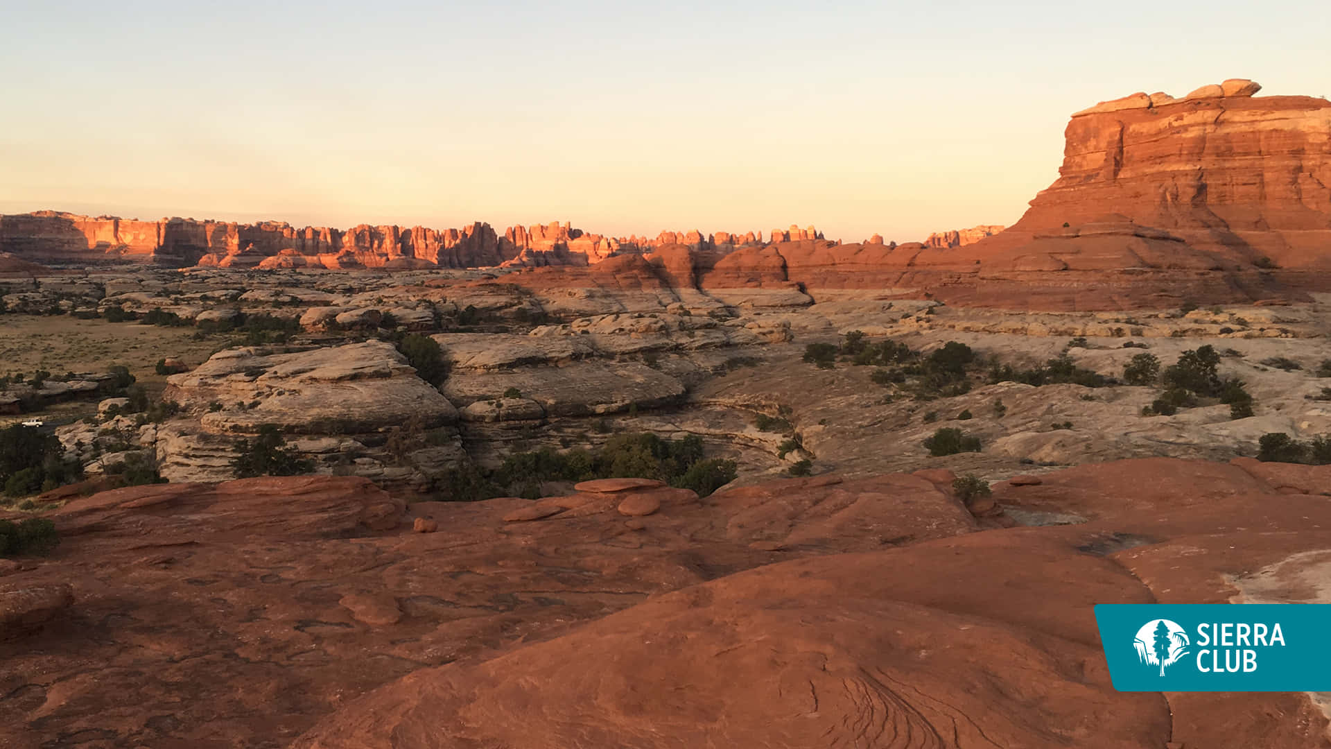 Virtual 桌布 壁紙 — 夕陽將紅色砂岩地貌和稀疏的沙漠植被沐浴在溫暖的金色光芒中，映照著廣闊的峽谷景觀。