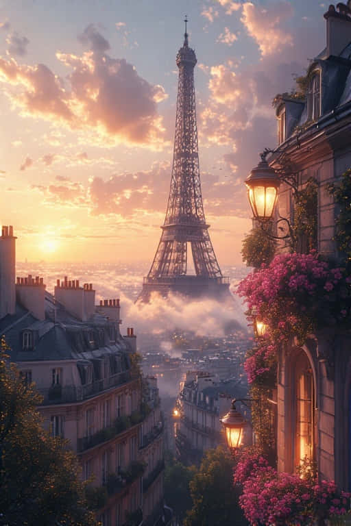Eiffel Tower at Sunrise Paris Rooftops 4K 壁紙 — 夕陽將艾菲爾鐵塔沐浴在金色光芒中，霧氣在巴黎屋頂間繚繞，粉紅花朵在溫暖照亮的陽台上盛開。