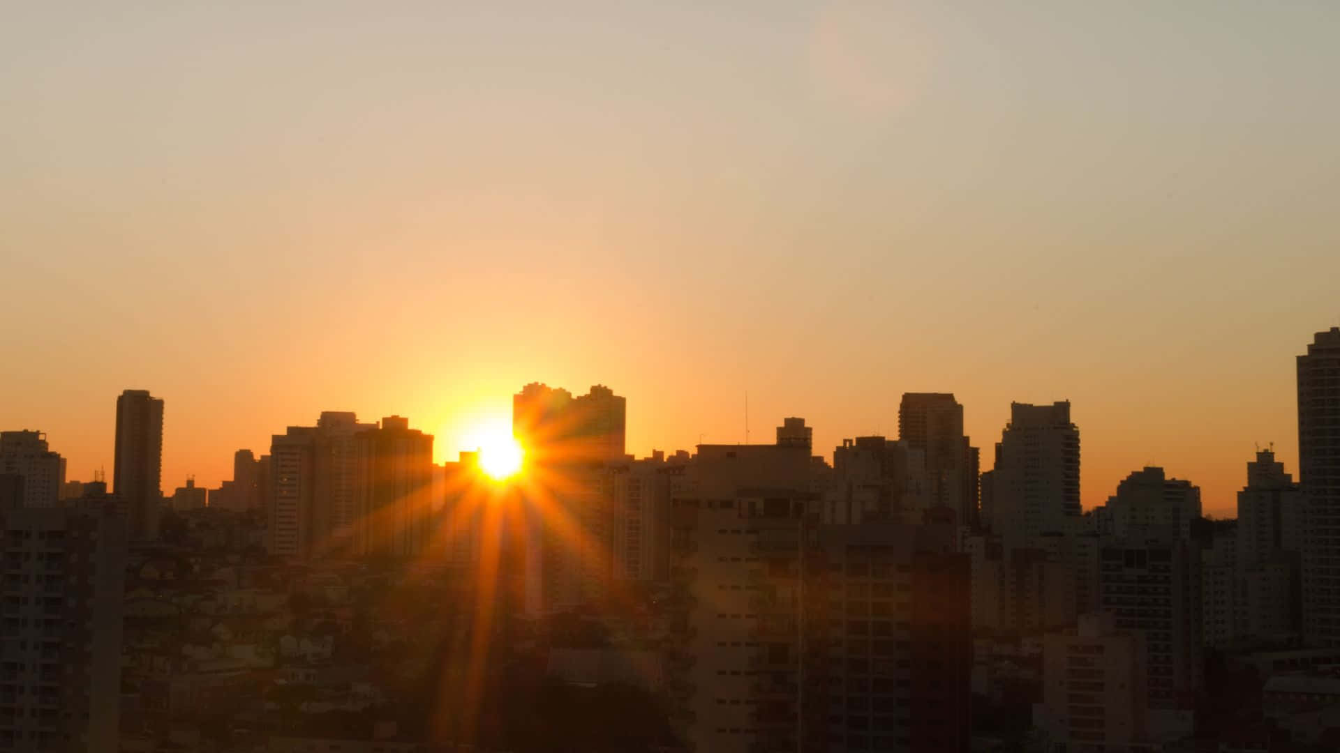 日出 桌布 壁紙 — 夕陽將金色光芒灑在密集的城市天際線上，摩天大樓的剪影映襯著溫暖的橙色天空。