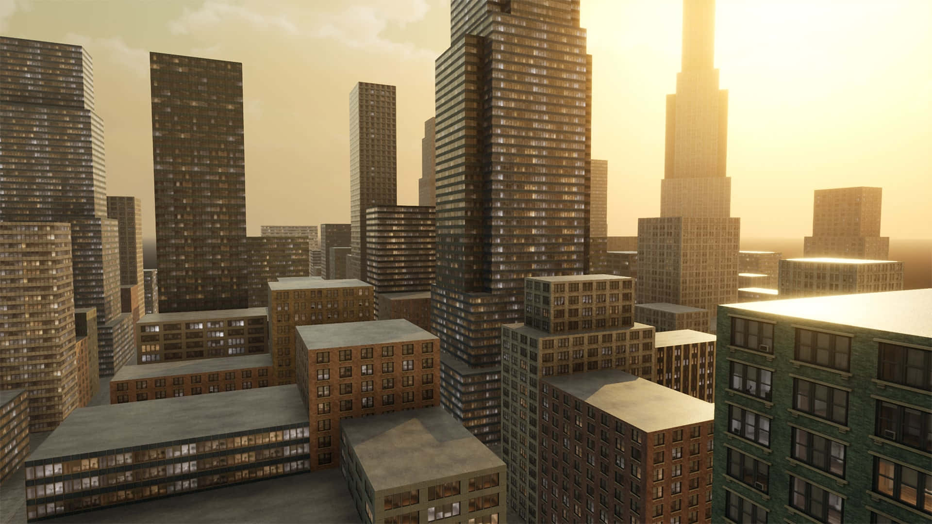 Buildings 桌布 壁紙 — 夕陽將高聳的摩天大樓沐浴在金色光芒中，城市的燈光開始透過窗戶閃爍。