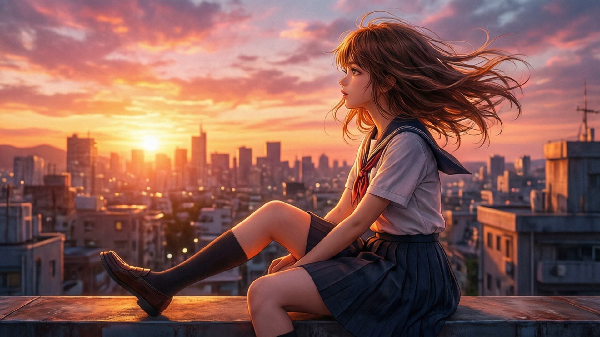 夕陽屋頂凝望 壁紙