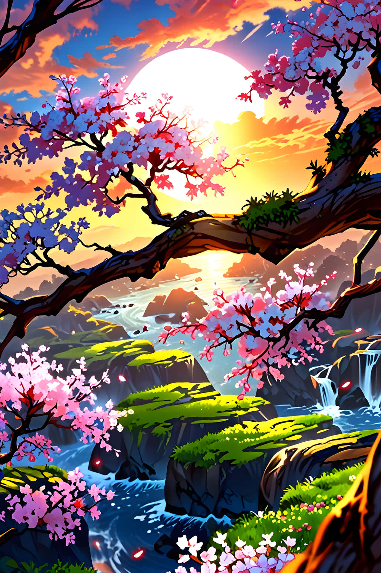 Cherry Blossoms at Dusk 壁紙 — 夕陽映照著瀑布和岩石海岸上的櫻花枝條。