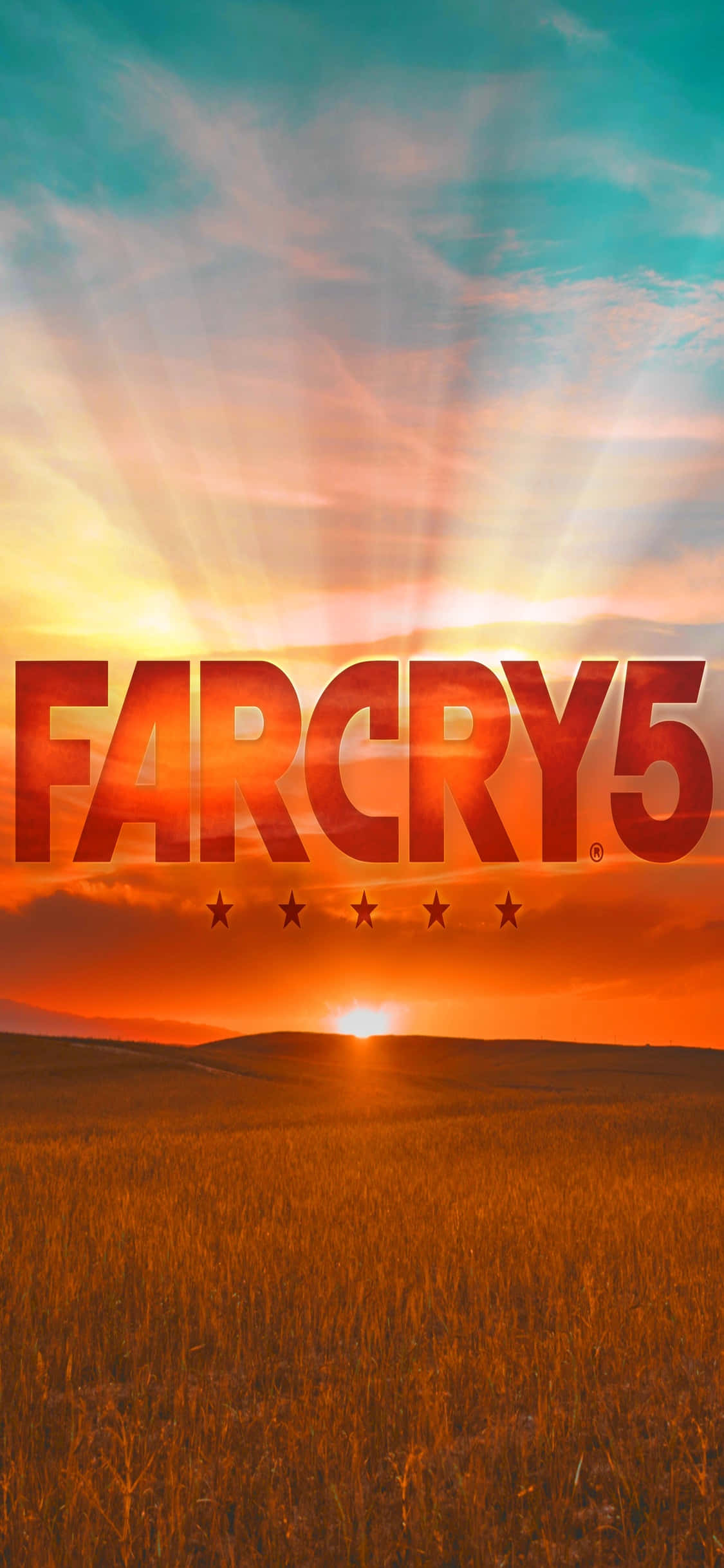 iPhone Xs Far Cry 5 桌布 壁紙 — 夕陽映照金色麥田，'FARCRY5' 標題在絢麗天空中以火橙色閃耀。