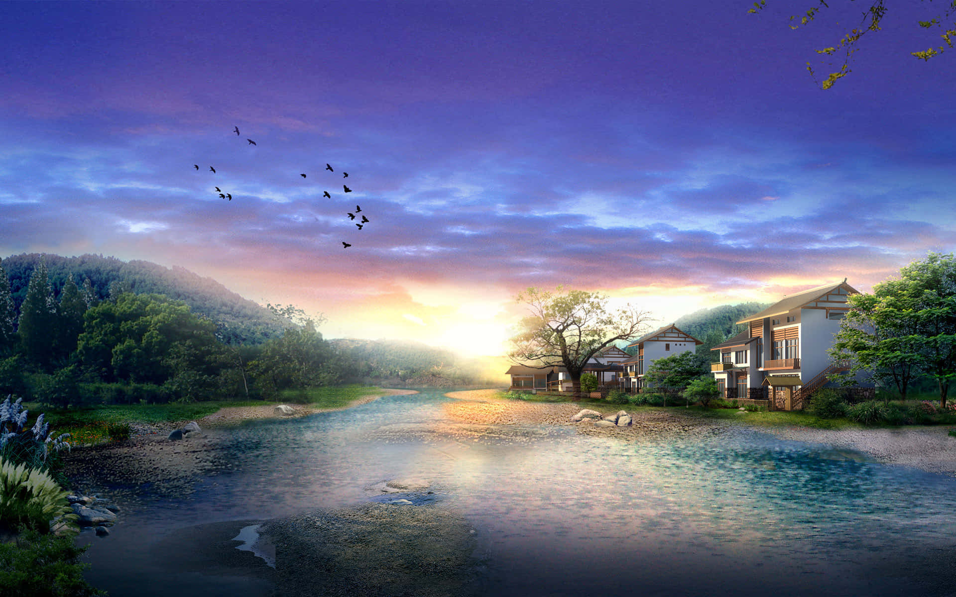 Picturesque 桌布 壁紙 — 夕陽沐浴著寧靜的河谷，傳統房屋隱藏在樹木之間，飛鳥在紫橙色天空的映襯下形成剪影。