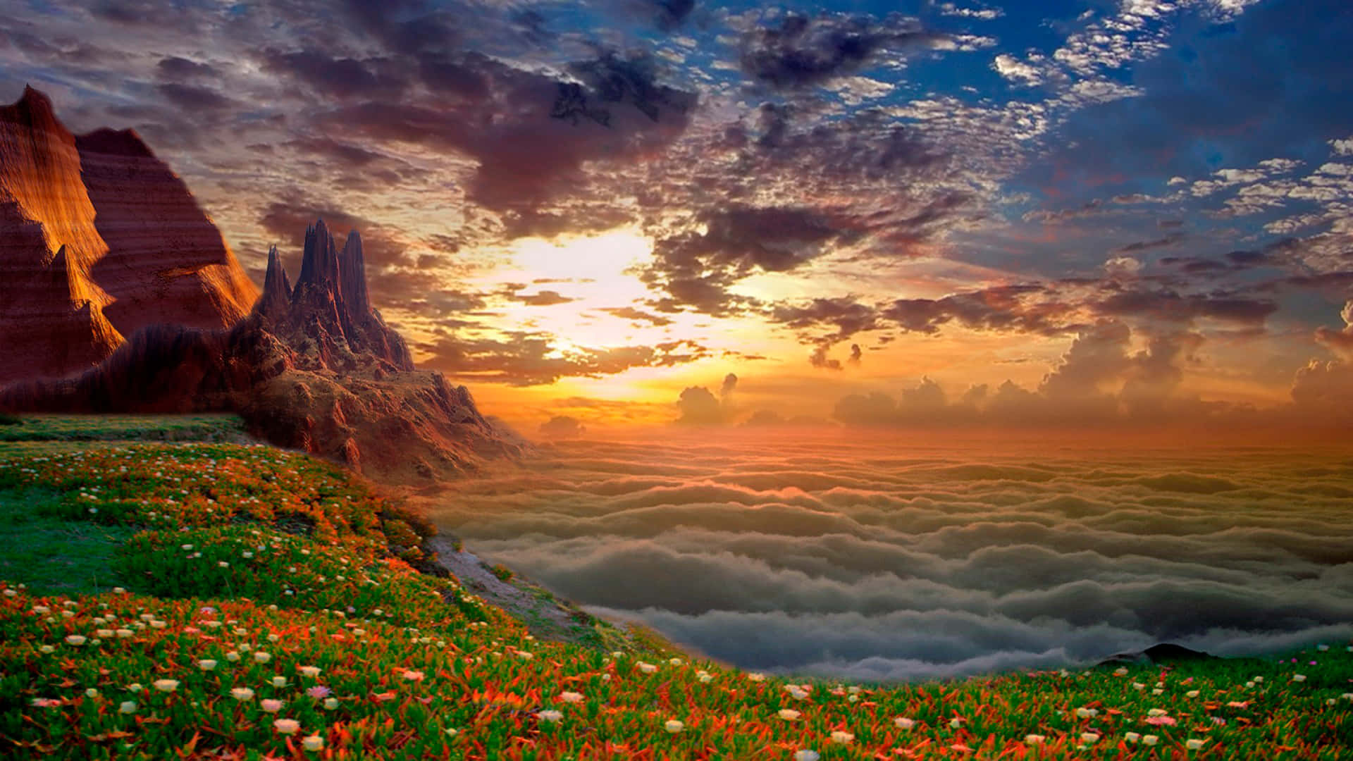 Beautiful Heaven 桌布 壁紙 — 夕陽沐浴著高聳的紅色岩層和野花田下方的雲海。