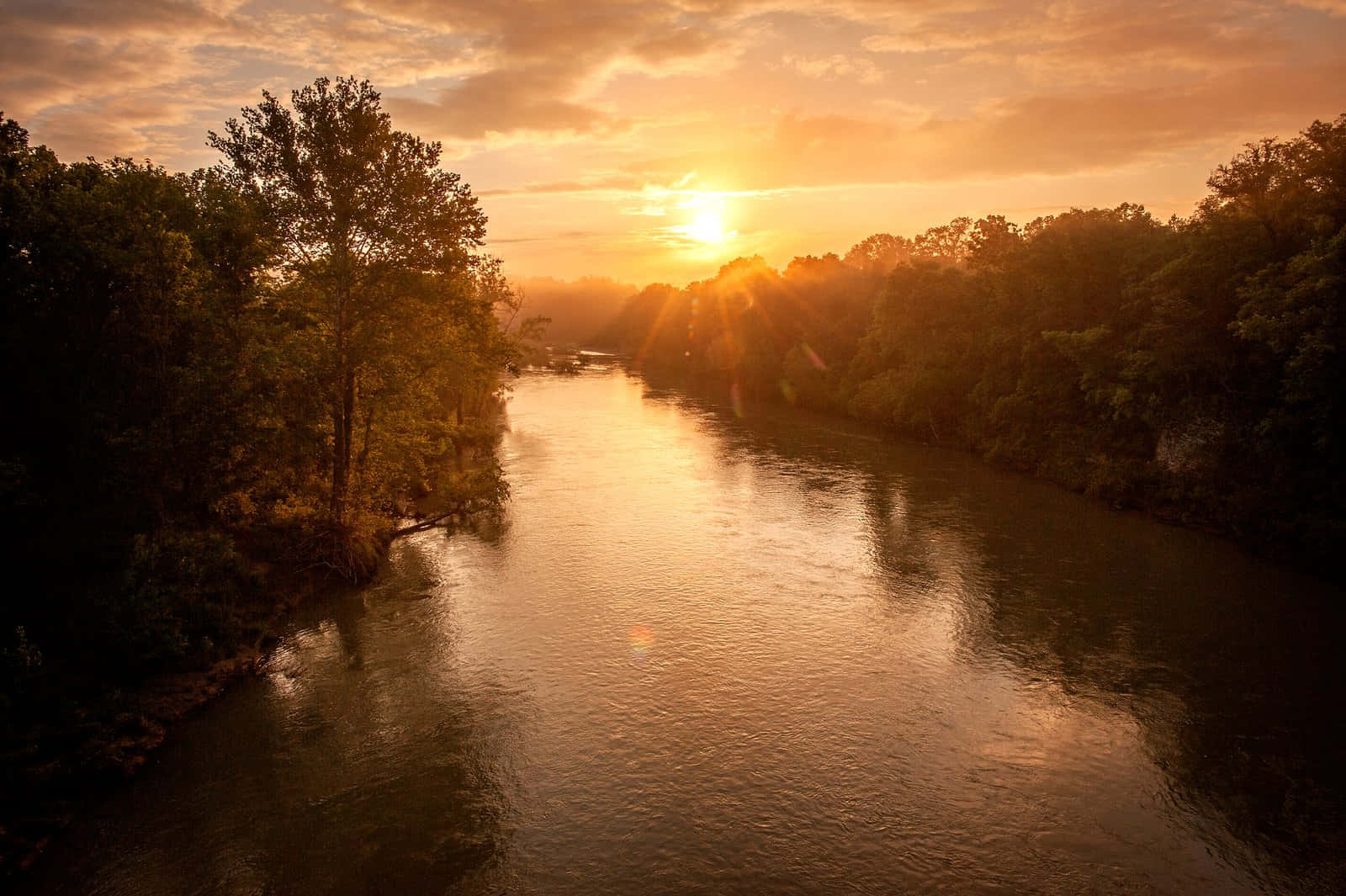 river 桌布 壁紙 — 夕陽溫暖地照耀在一條平靜的河流上，河流蜿蜒穿過茂密的森林，金色的光芒在水面上反射。
