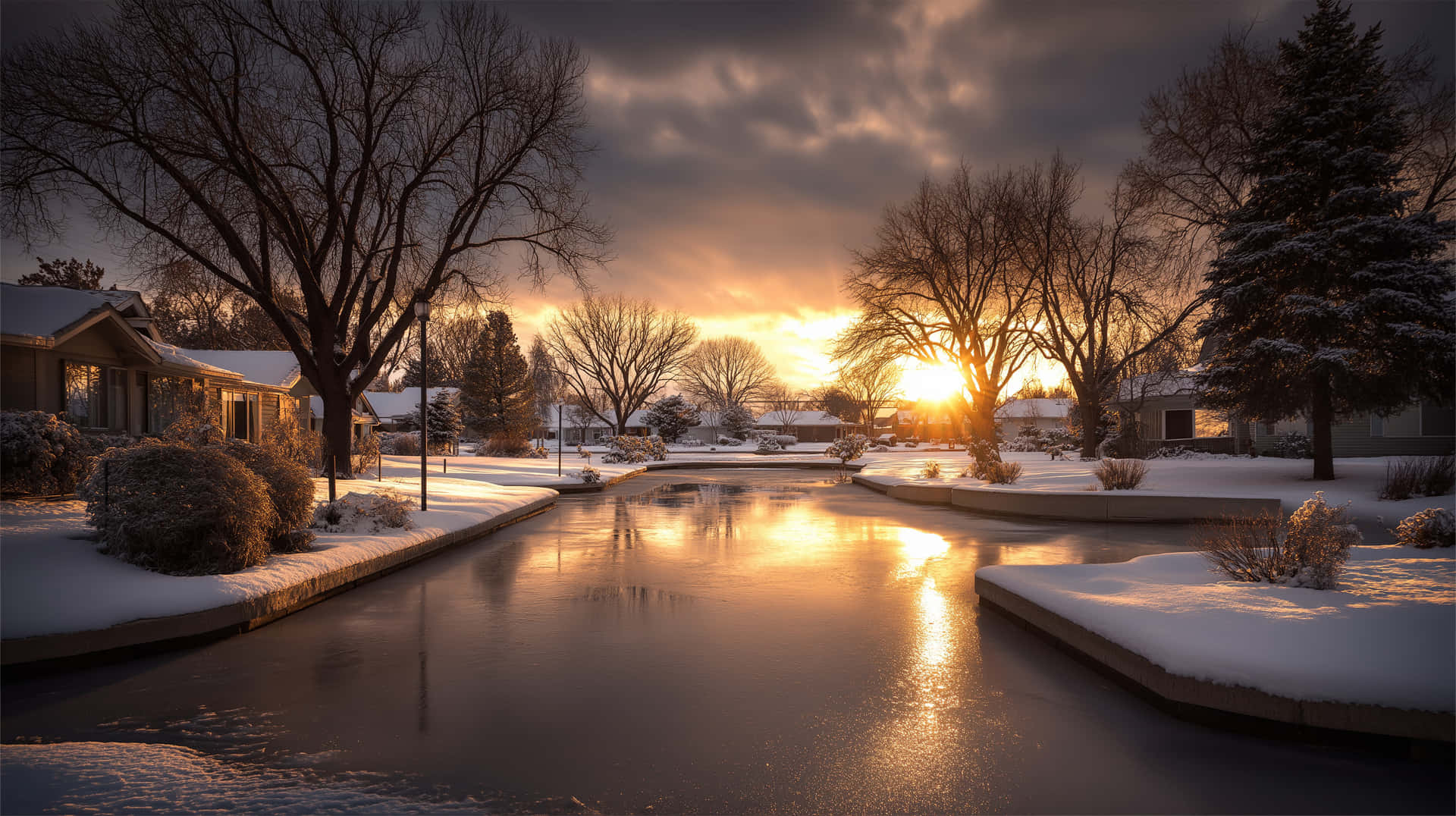 Suburban winter sunset reflecting on a frozen waterway 壁紙 — 夕陽溫暖地照耀在積雪的郊區運河上，在平靜的水面上反射出金色的光芒，周圍是光禿禿的樹木和房屋。