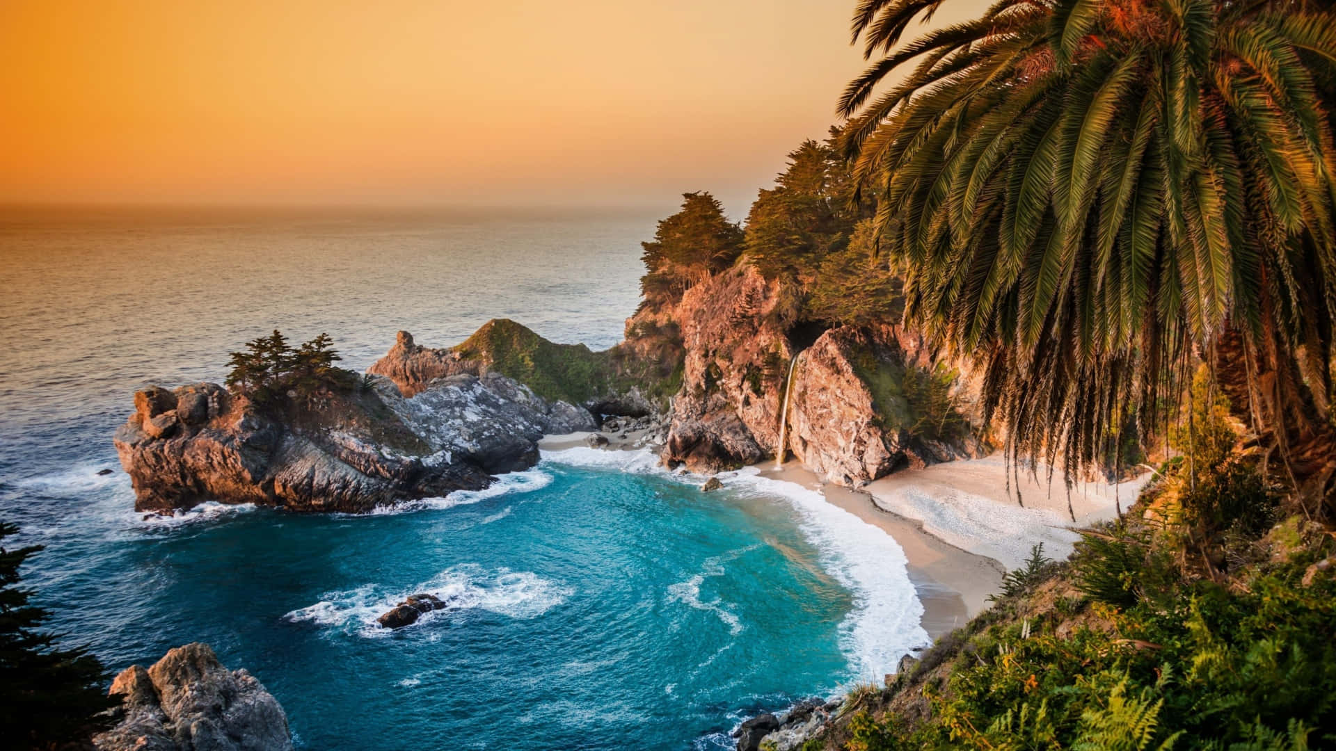 HD Malibu 桌布 壁紙 — 夕陽灑落在一個僻靜的海灣，碧綠的海水拍打著岩石海岸和棕櫚樹。