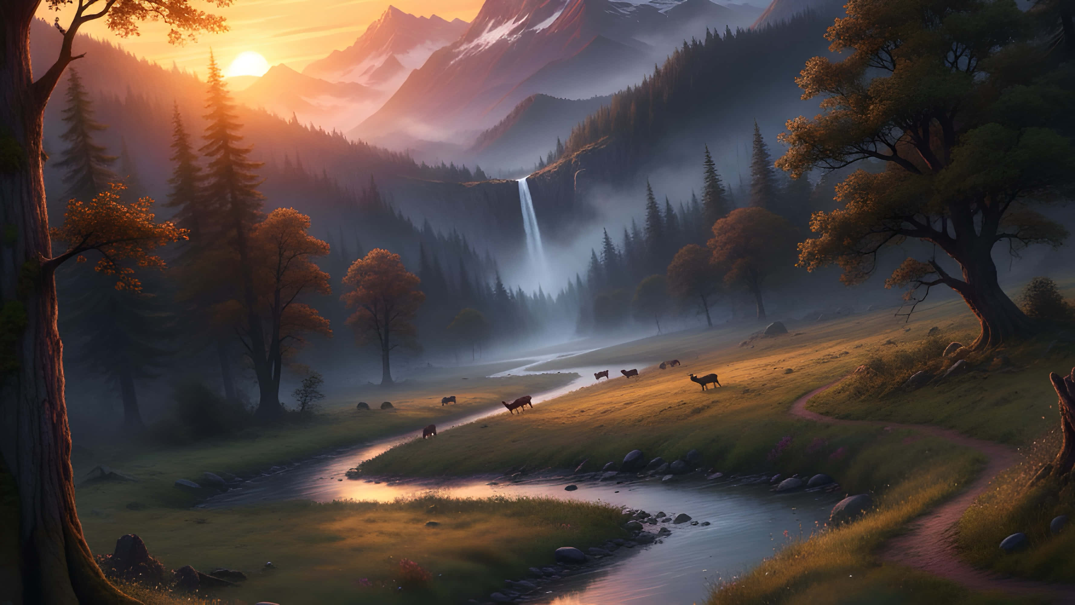 山景 桌布 壁紙 — 夕陽灑落在霧氣瀰漫的山谷，鹿群在蜿蜒的河邊吃草，四周是高聳的松林和遠處白雪覆蓋的山峰。