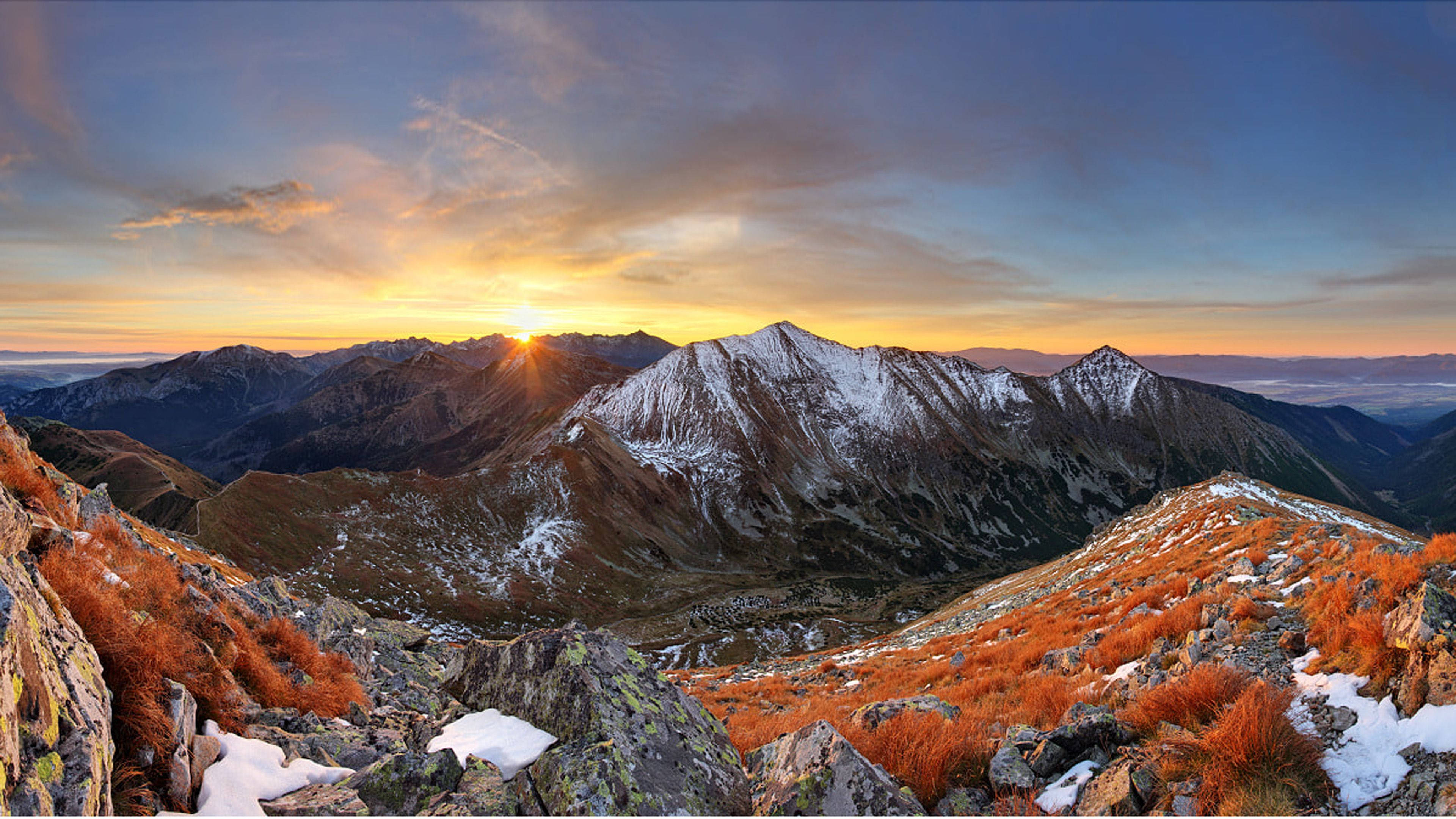 Slovakia 桌布 壁紙 — 夕陽照耀在積雪的山峰上，前景是充滿活力的橙色草叢。