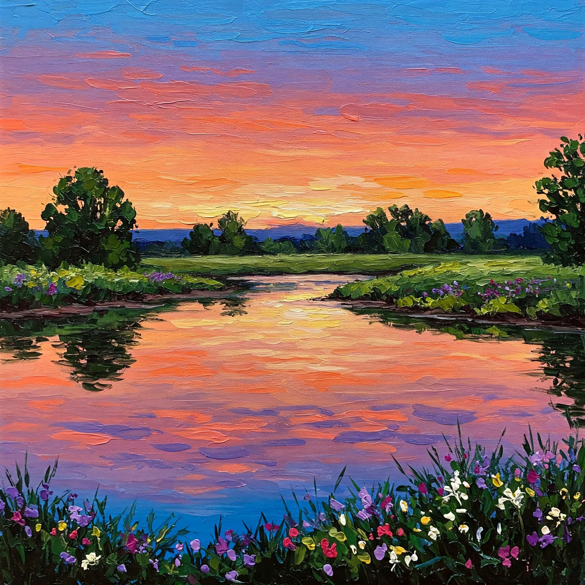 Beautiful Lake View Drawing 壁紙 — 夕陽燦爛，天空染上熾熱的橙色和粉紅色調，倒映在平靜的河流中，四周環繞著茂密的綠植和野花。