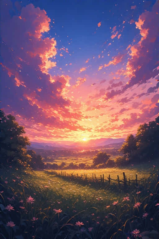 Anime Sunset Rural Scenery Dreamy Vibrant 4K 壁紙 — 夕陽燦爛，將天空染成火熱的橙色和粉紅色雲彩，映照著寧靜的山谷，前景有木柵欄和粉紅色花朵。